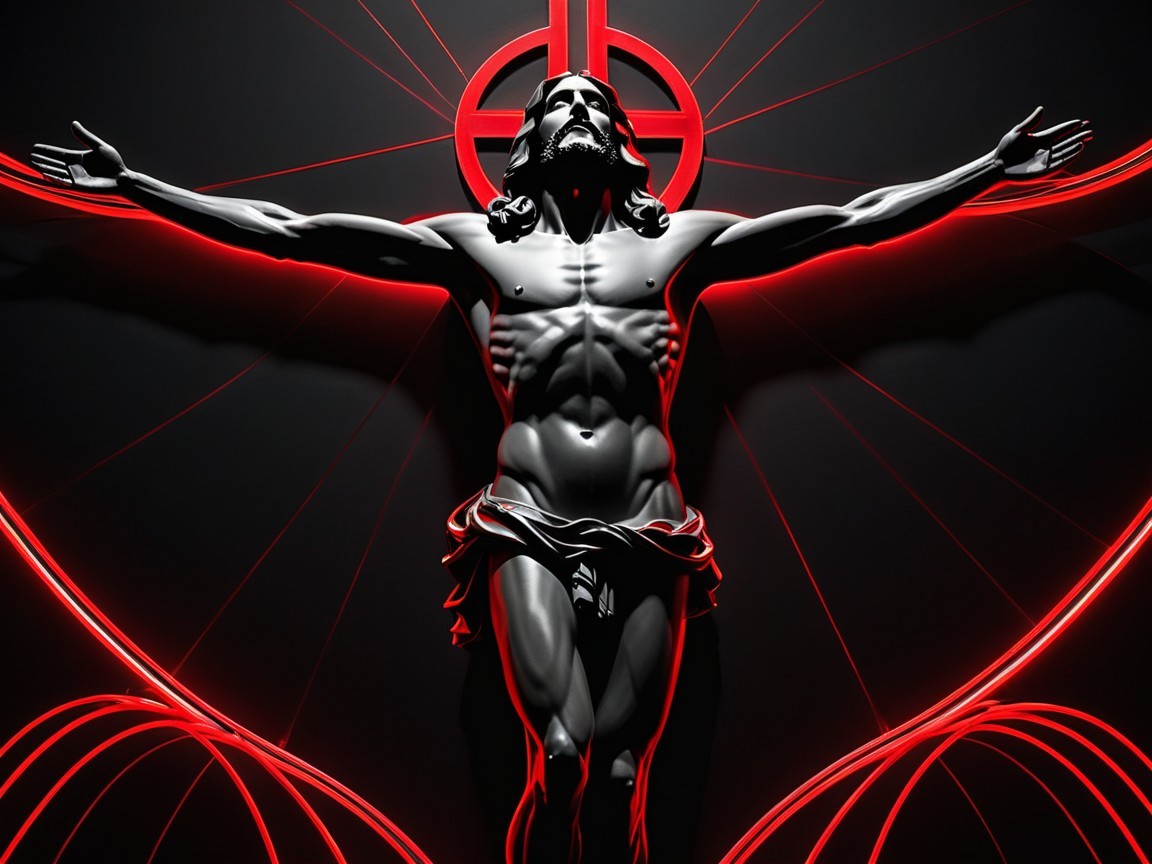 3D Monochrome Rendering of Jesus with Red Cross Background