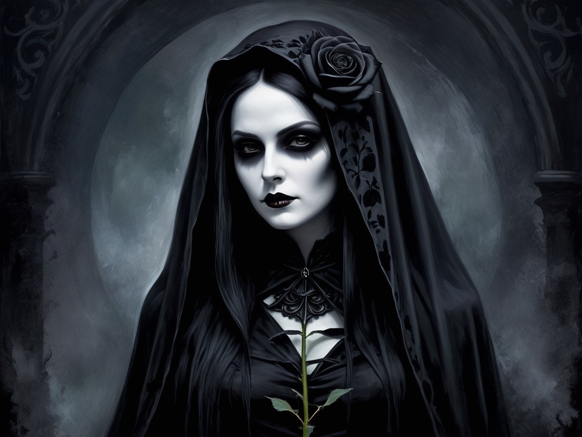 Gothic Woman in Black Veil with Rose in Darkness