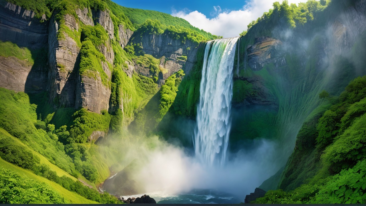 Majestic Waterfall Surrounded by Lush Greenery