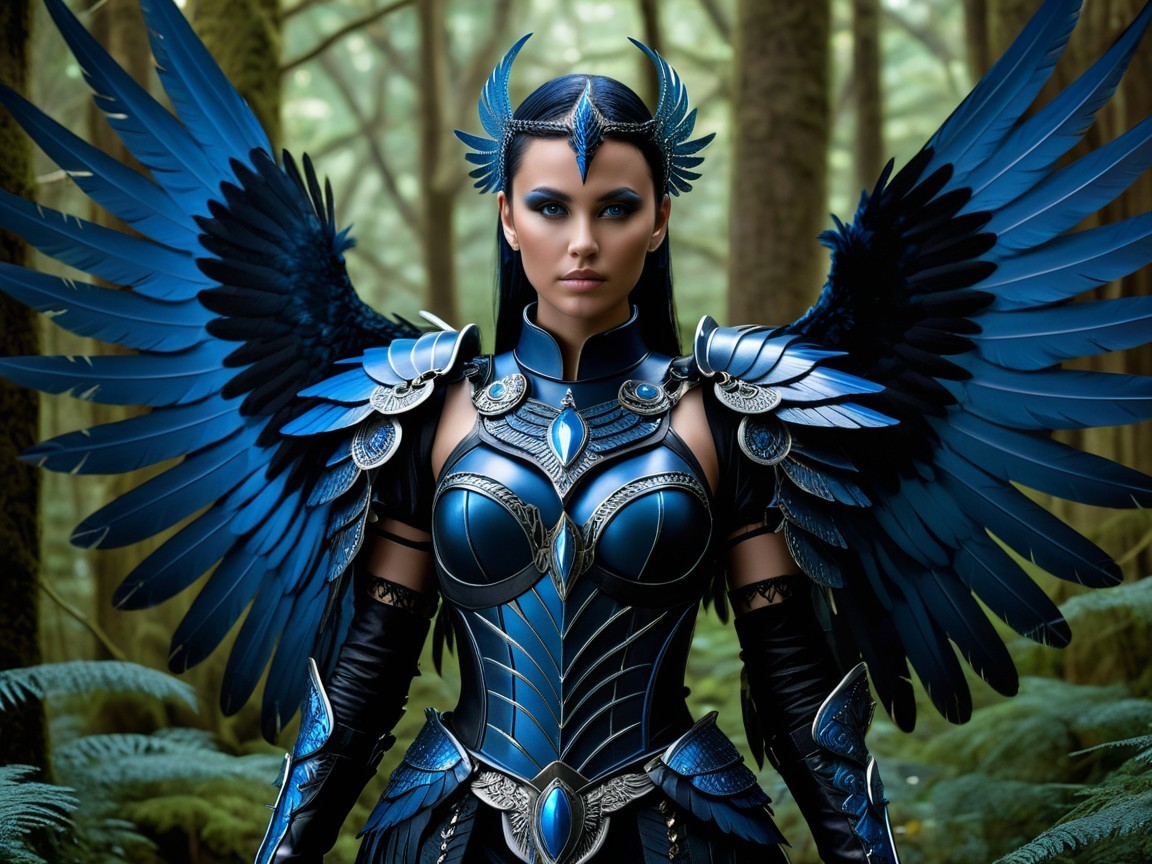 Powerful figure in blue armor with bird-like features