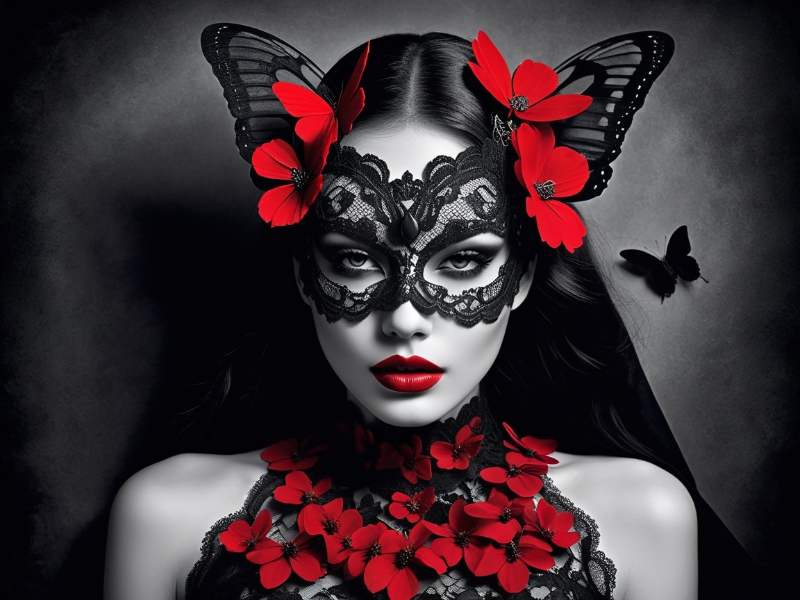 Portrait of a woman with lace mask and floral accents