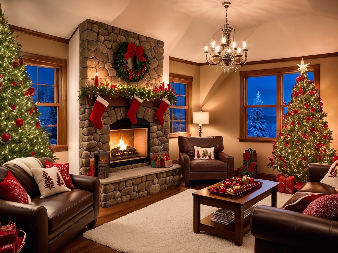Cozy Christmas Living Room with Decorated Trees and Fireplace
