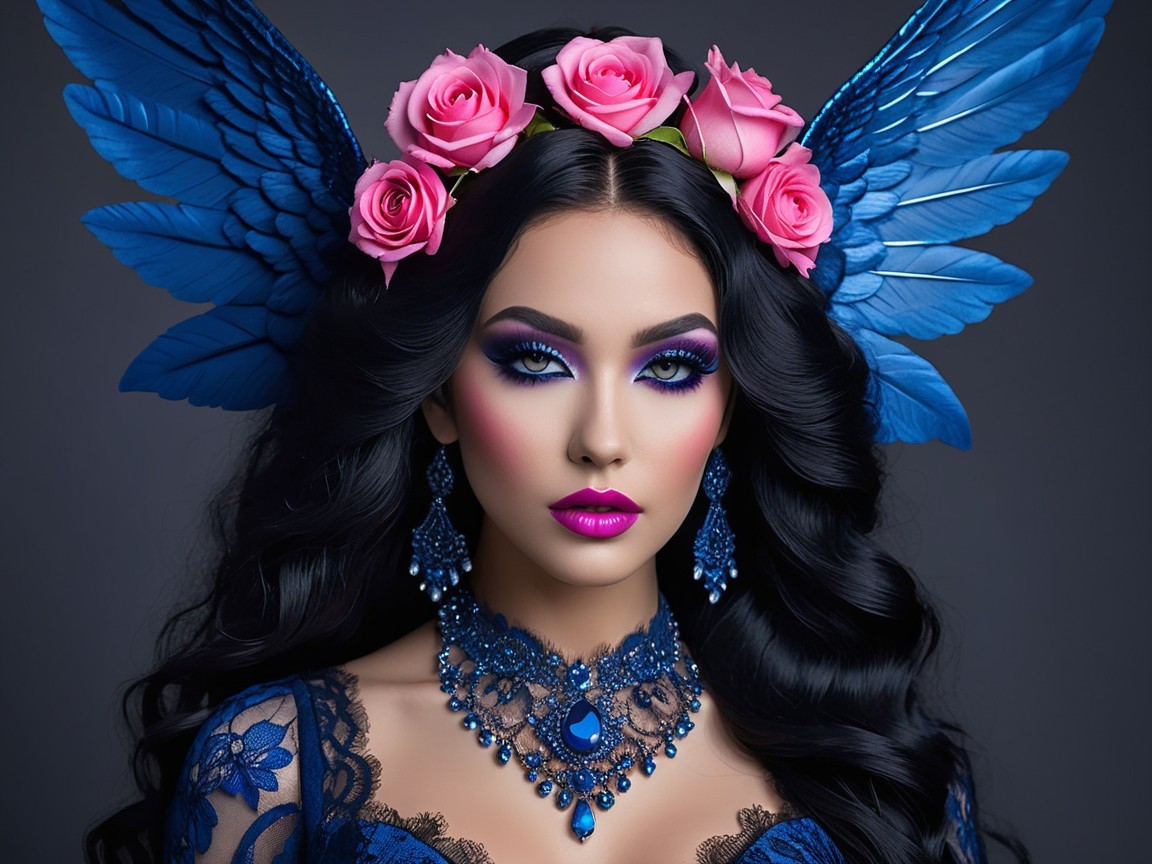 Portrait of a woman with blue wings and floral crown