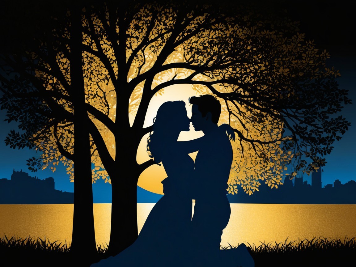 Silhouette of a couple under a tree at sunset
