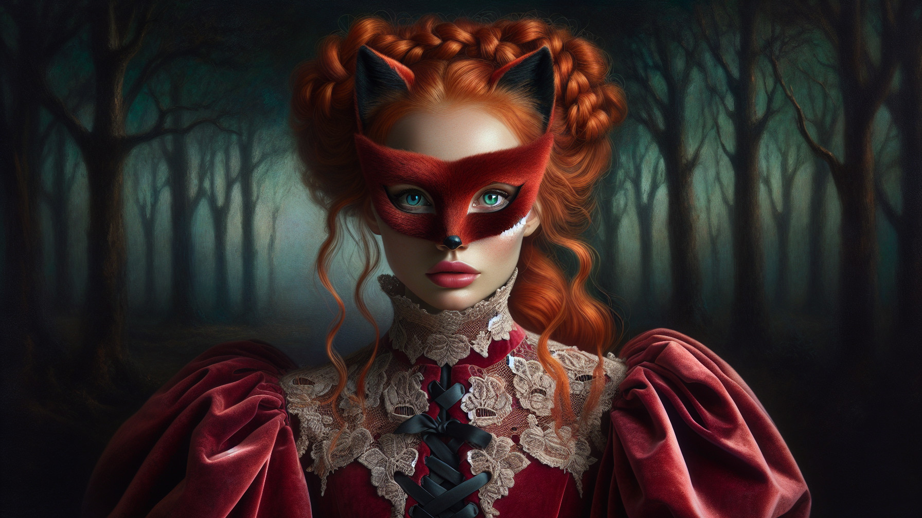 Mystical Forest Scene with Woman in Crimson Gown