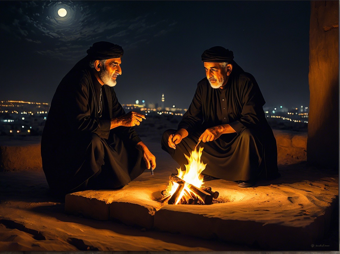 Men in traditional attire by a campfire in desert night