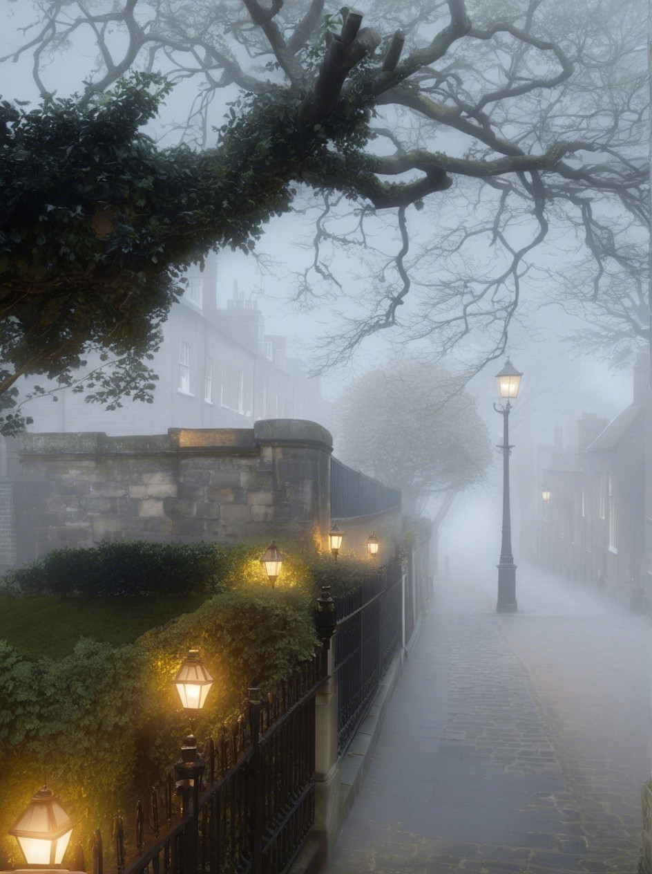 Foggy Cobblestone Path with Gas Lamps and Greenery