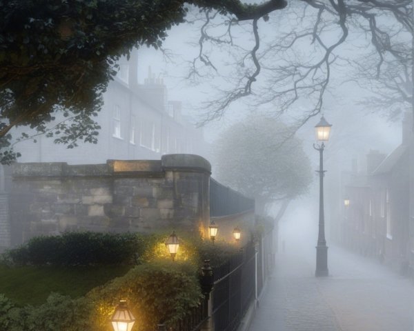 Foggy Cobblestone Path with Gas Lamps and Greenery