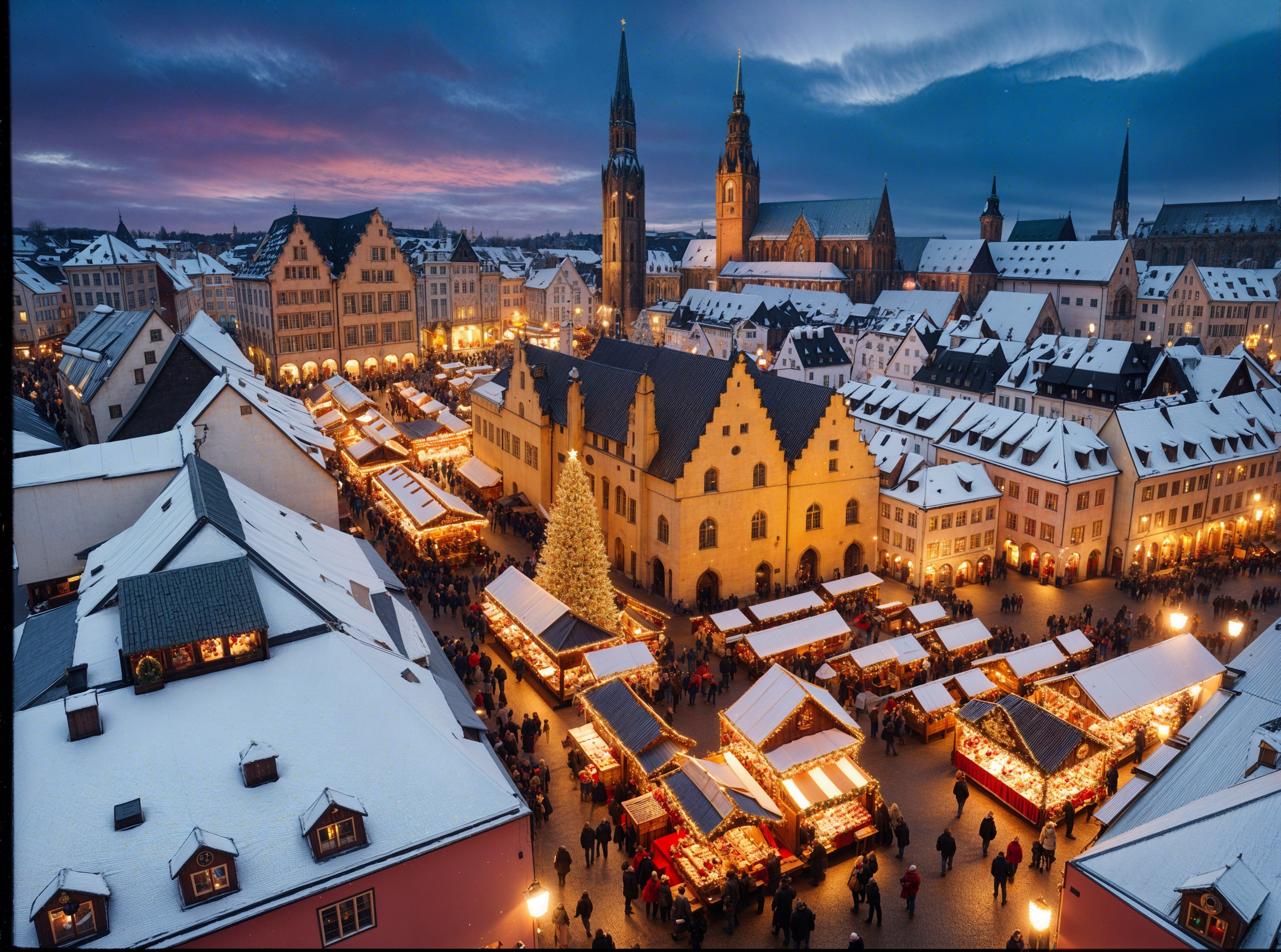 Winter Town Square with Christmas Market and Snow