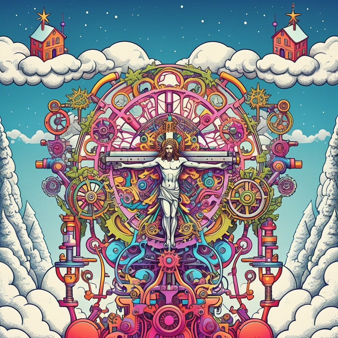 Steampunk-style crucifixion of Jesus Christ with colors
