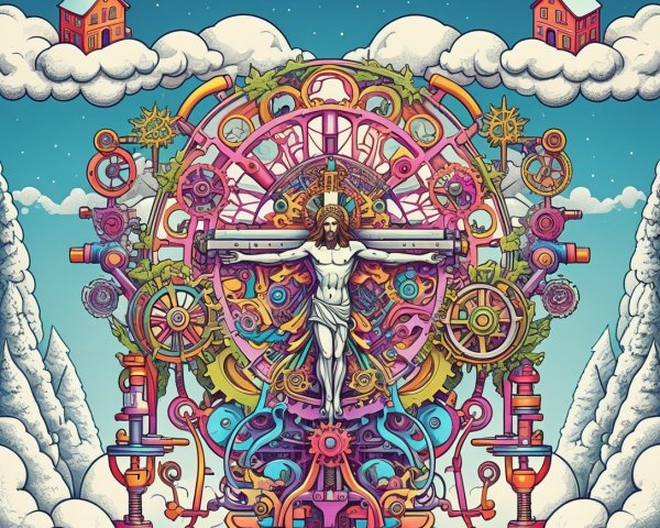 Steampunk-style crucifixion of Jesus Christ with colors