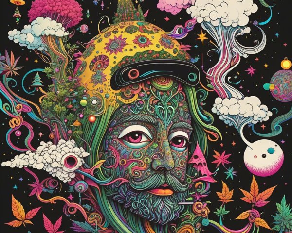 Psychedelic Green Man Surrounded by Nature and Smoke