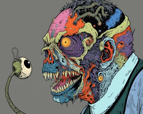 Colorful Illustration of a Multi-Faced Monstrous Creature