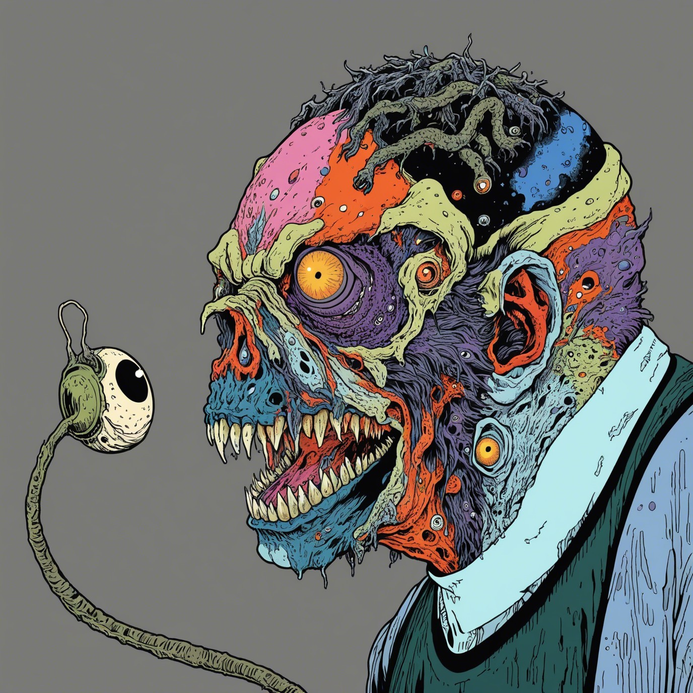 Colorful Illustration of a Multi-Faced Monstrous Creature