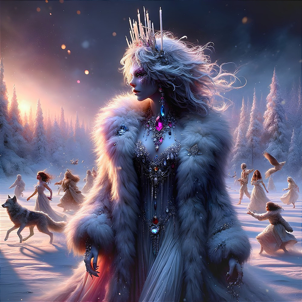 Mystical Winter Scene with Jewels and Ice Crystals