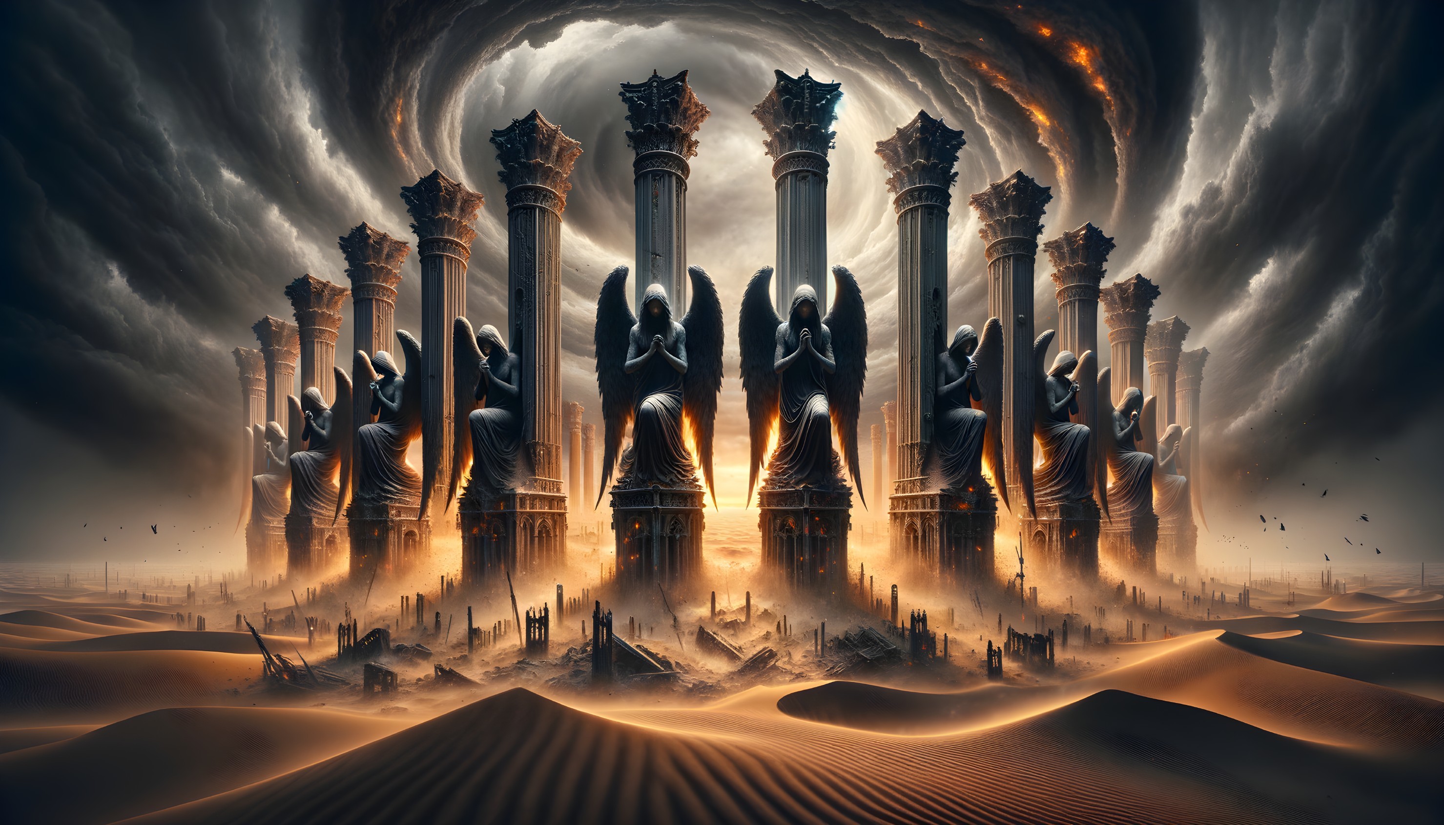 Towering Columns with Angelic Statues in Desert Landscape