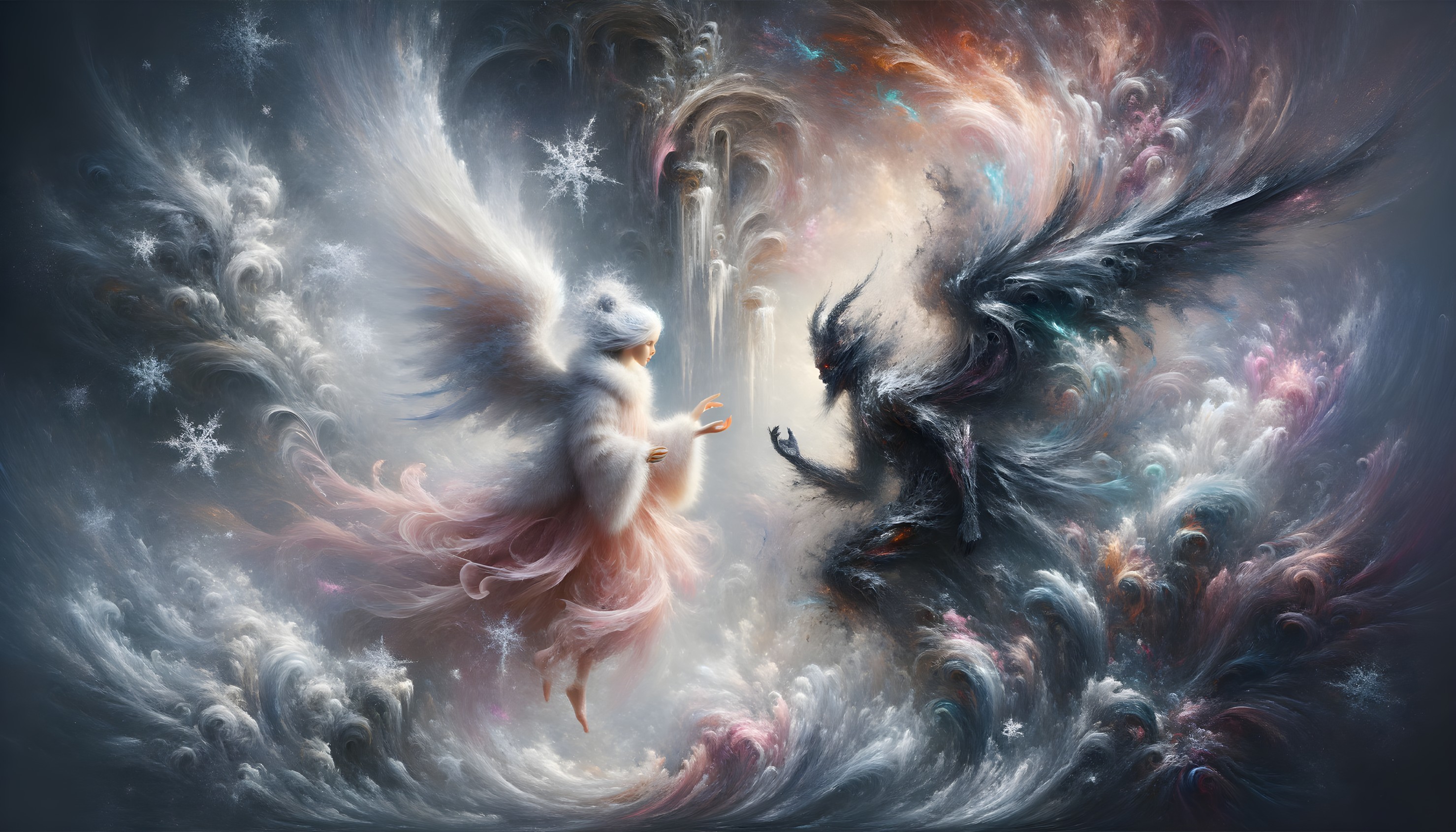 Ethereal Scene of Light and Dark with Angels and Clouds