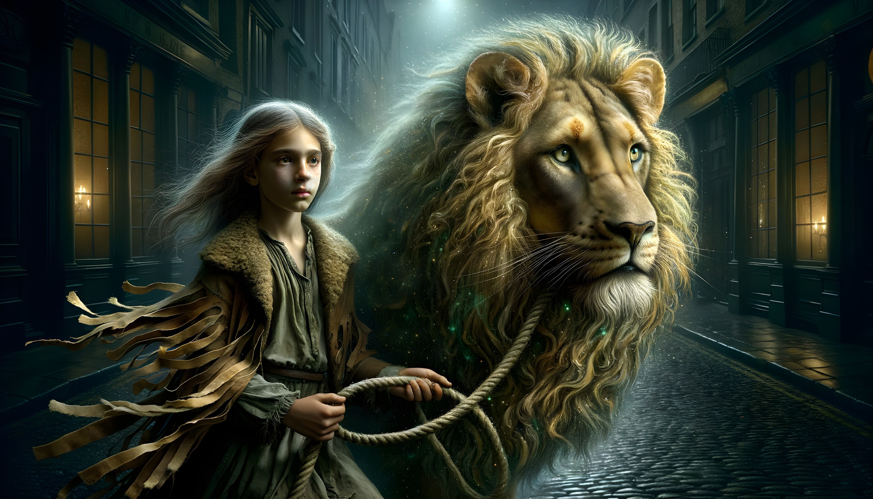 Girl with Lion on Misty Cobblestone Street