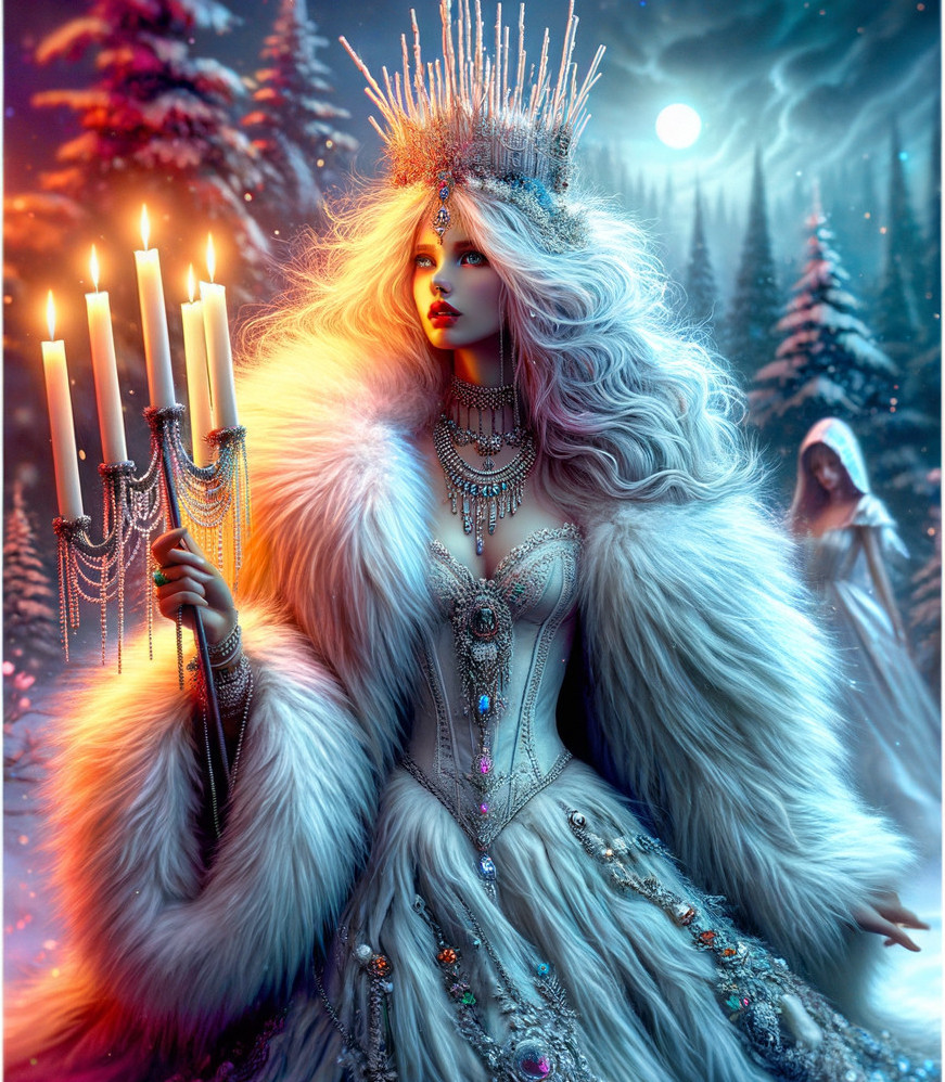 Elegant Winter Scene with Adorned Woman and Candelabrum
