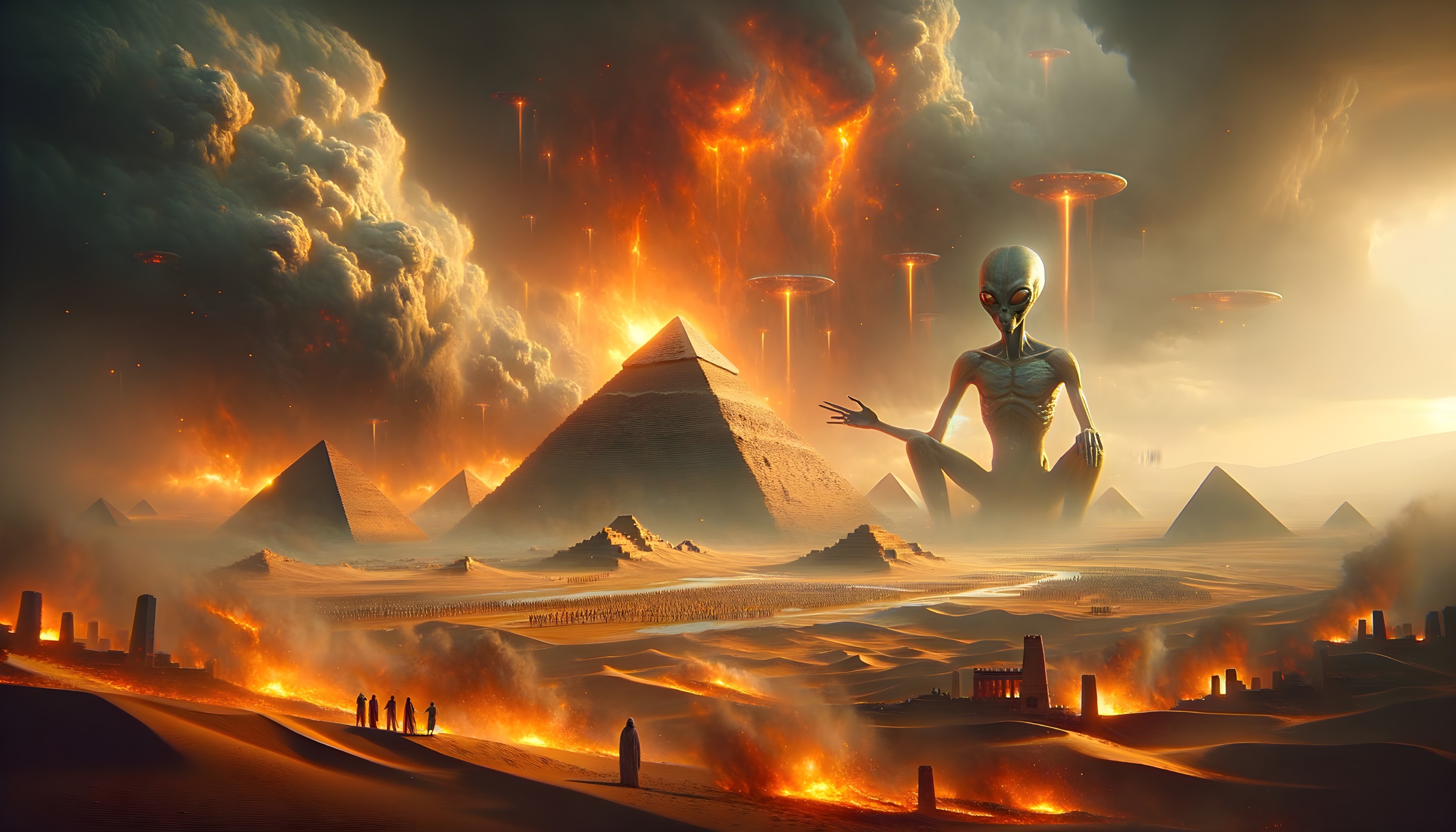 Surreal Desert Landscape with Pyramids and UFOs