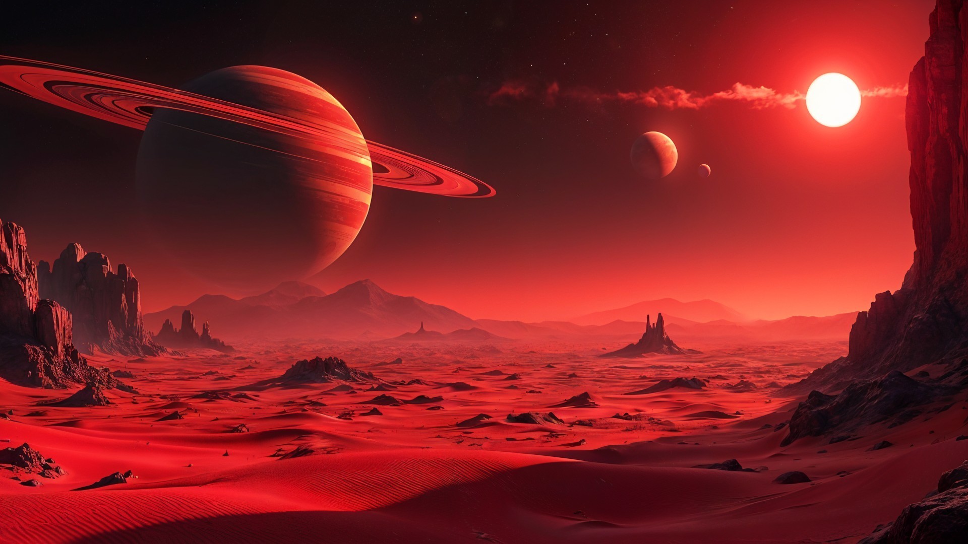 Alien Landscape with Red Hues and Ringed Planet