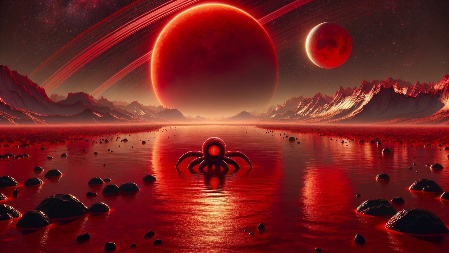Surreal Alien Landscape with Red Lake and Mountains