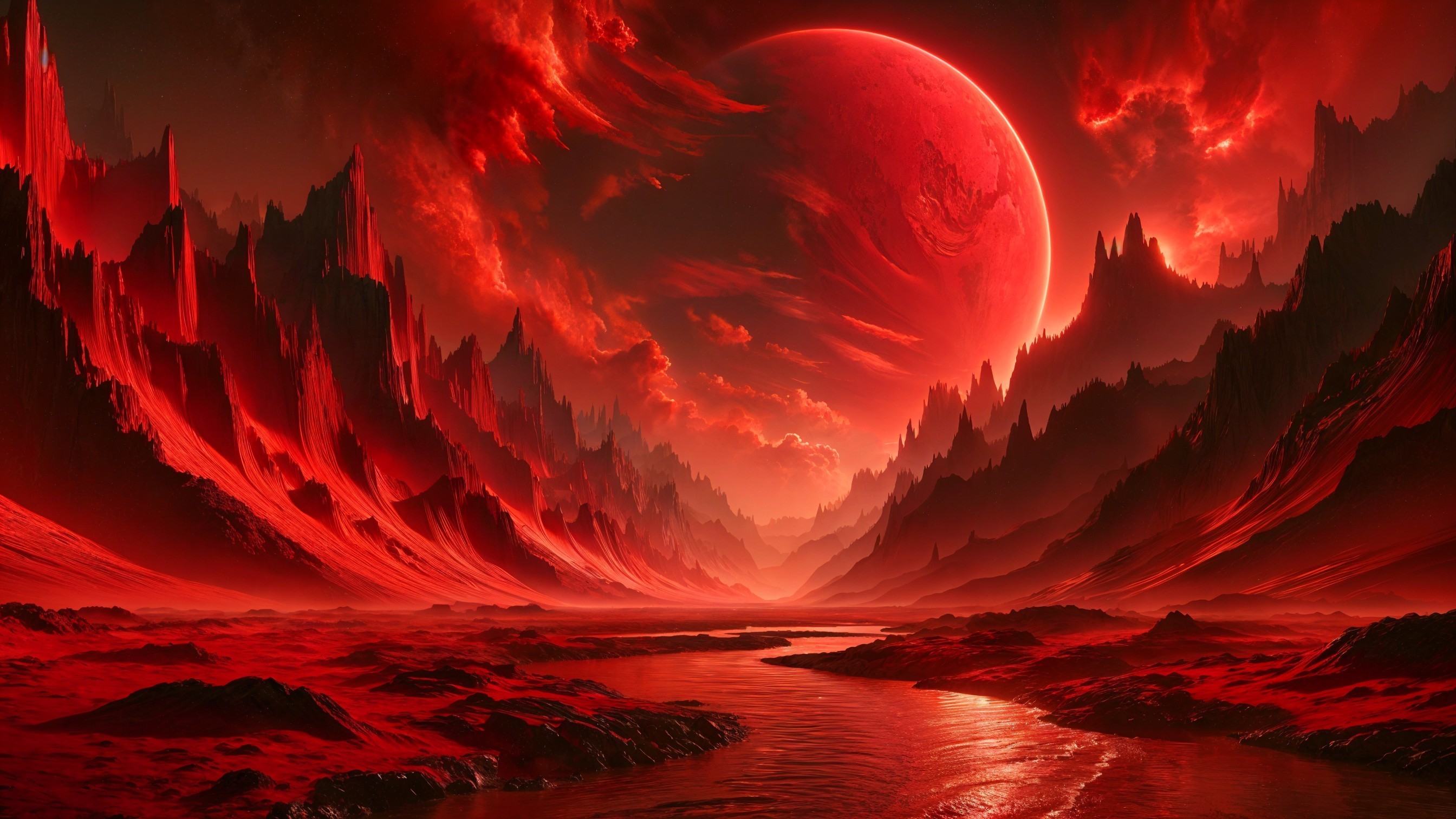 Dramatic Alien Landscape with Red and Orange Hues