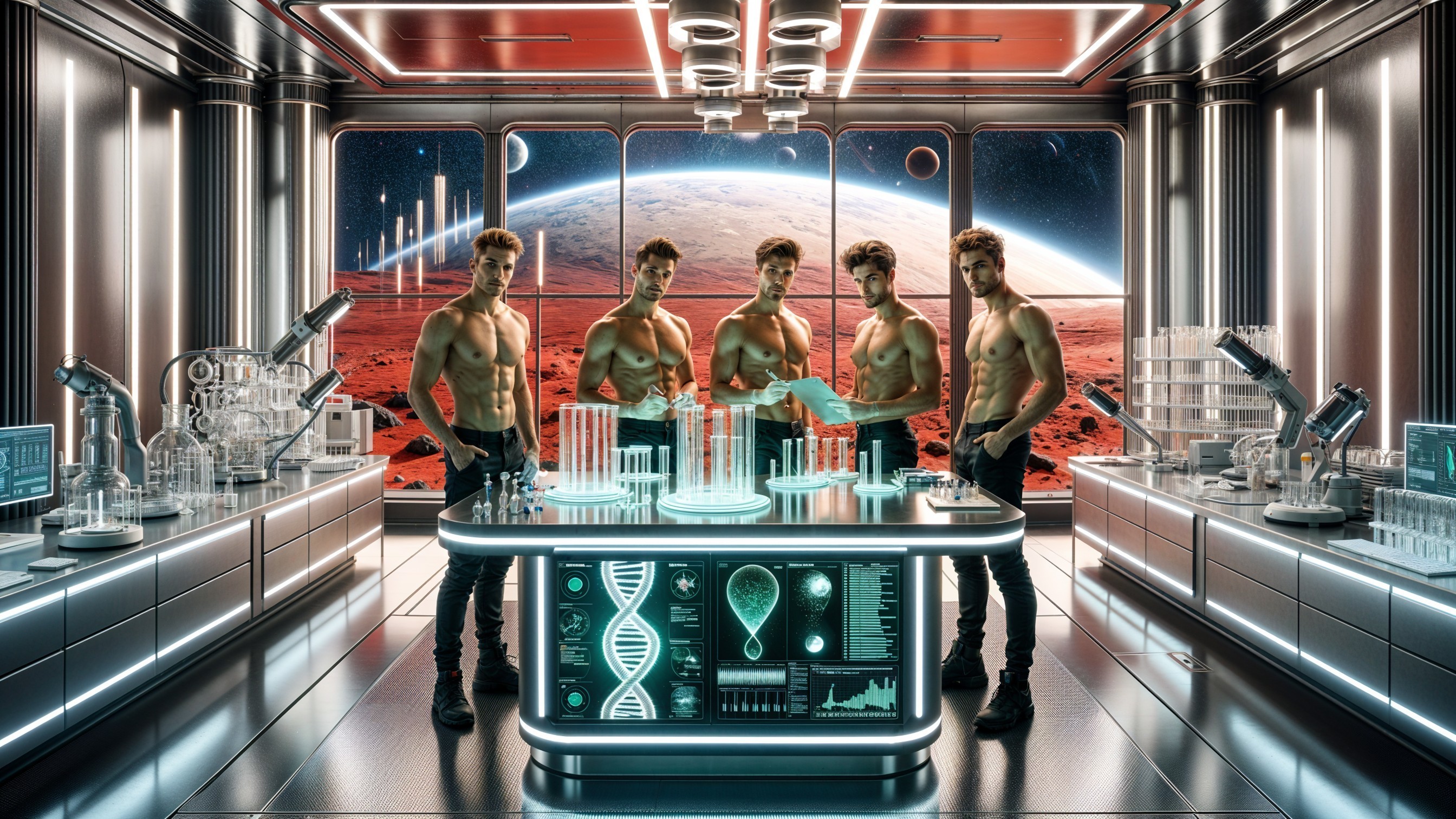 Futuristic Mars Laboratory with Muscular Figures and Tech