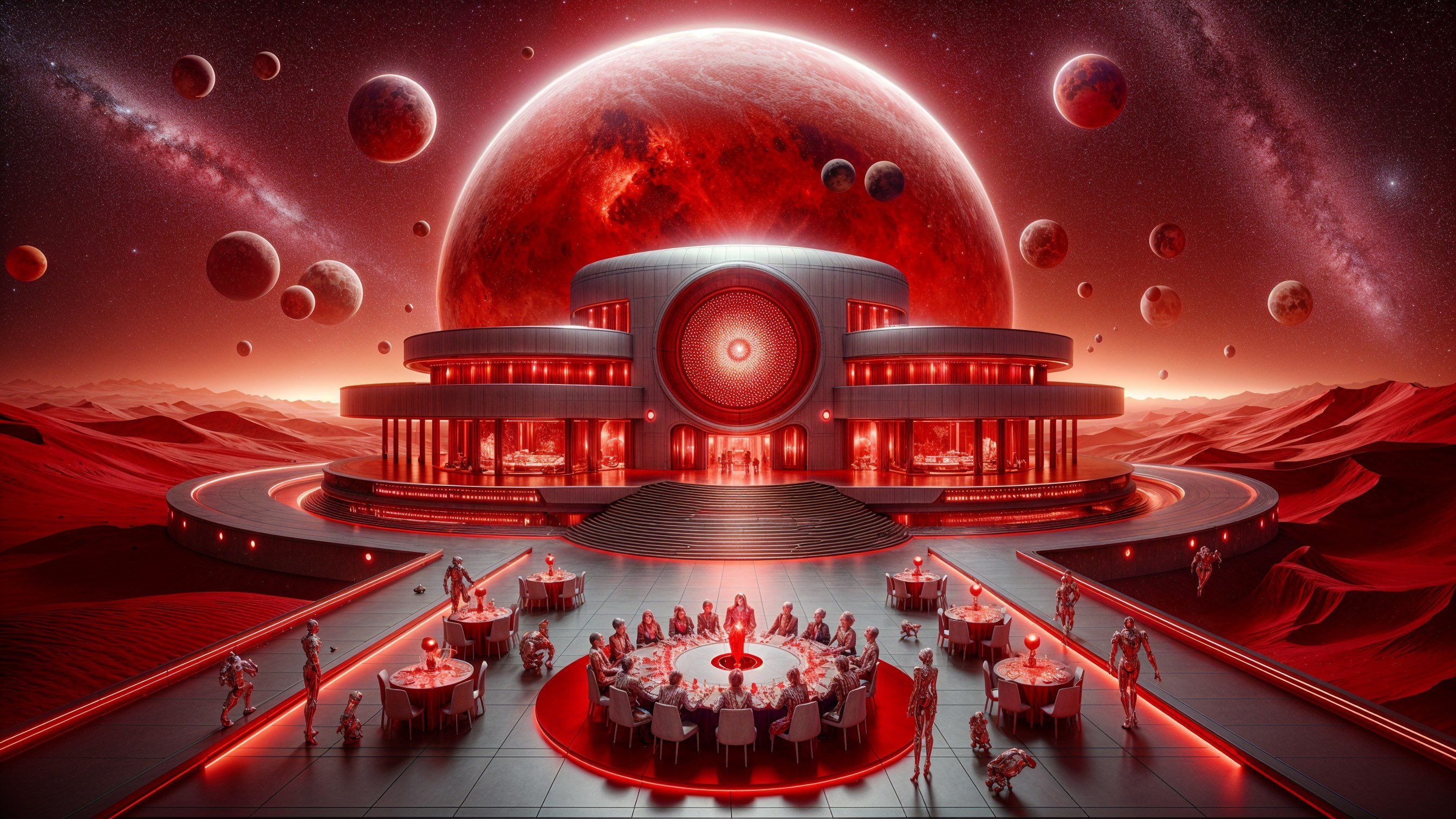 Futuristic Banquet Hall in Alien Landscape Setting