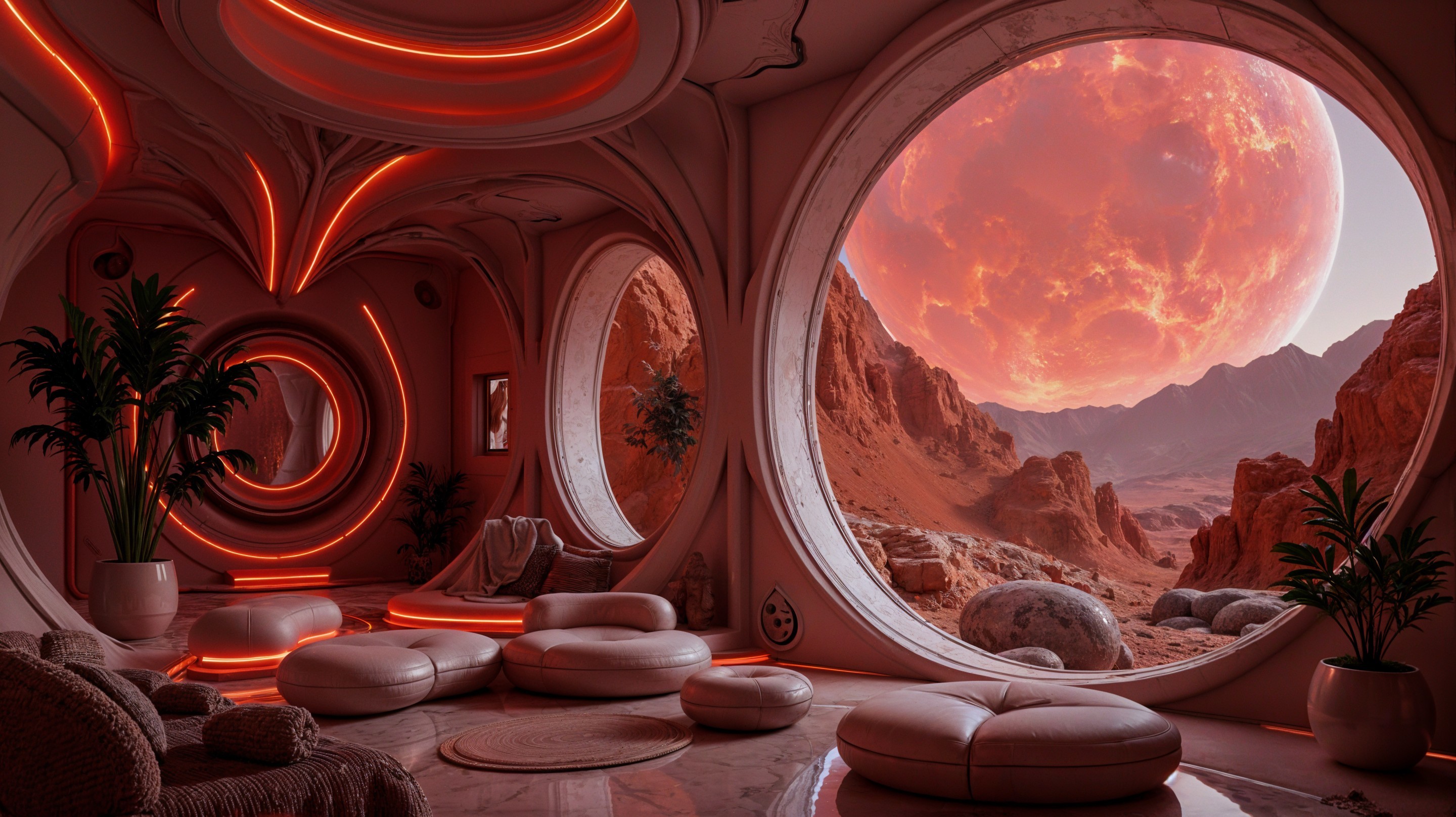 Futuristic Interior with Circular Furniture and Landscape View