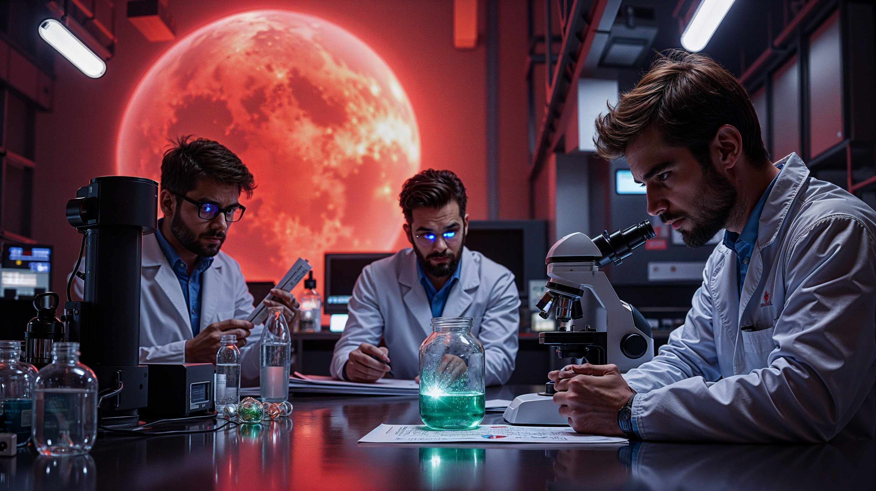 Futuristic Lab Scene with Scientists and Red Moon