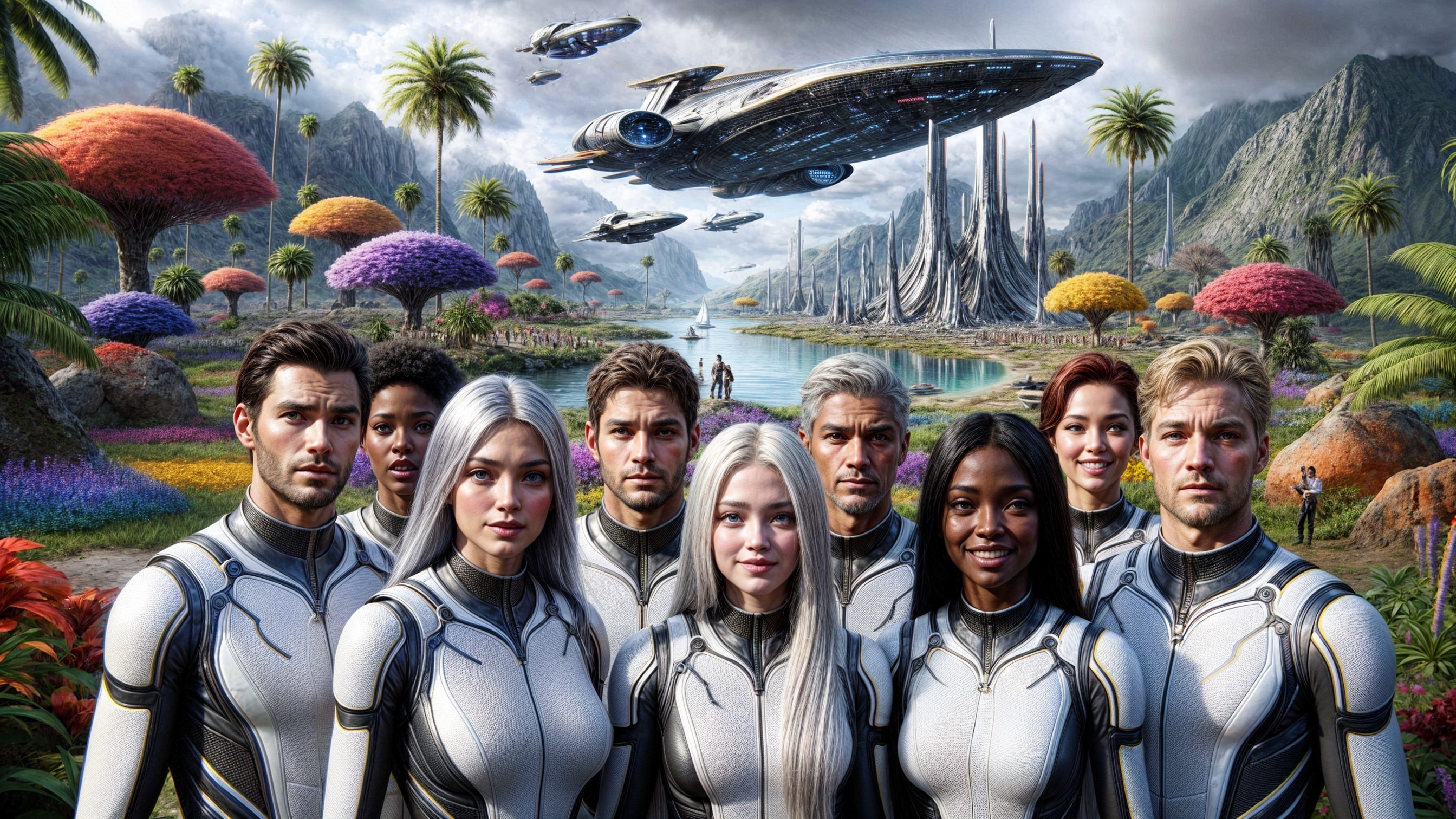 Diverse Group in Futuristic Suits in Alien Landscape