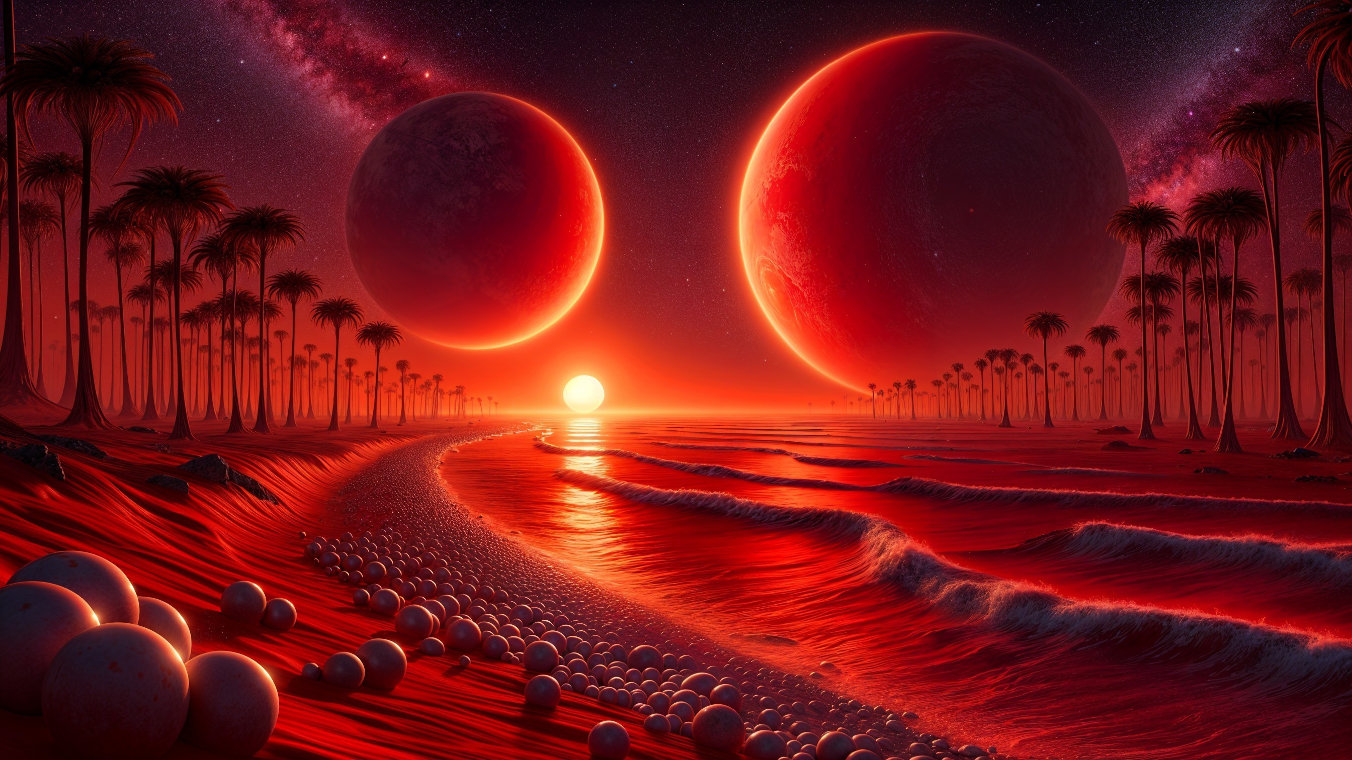 Surreal Alien Landscape with Red Beach and Planets