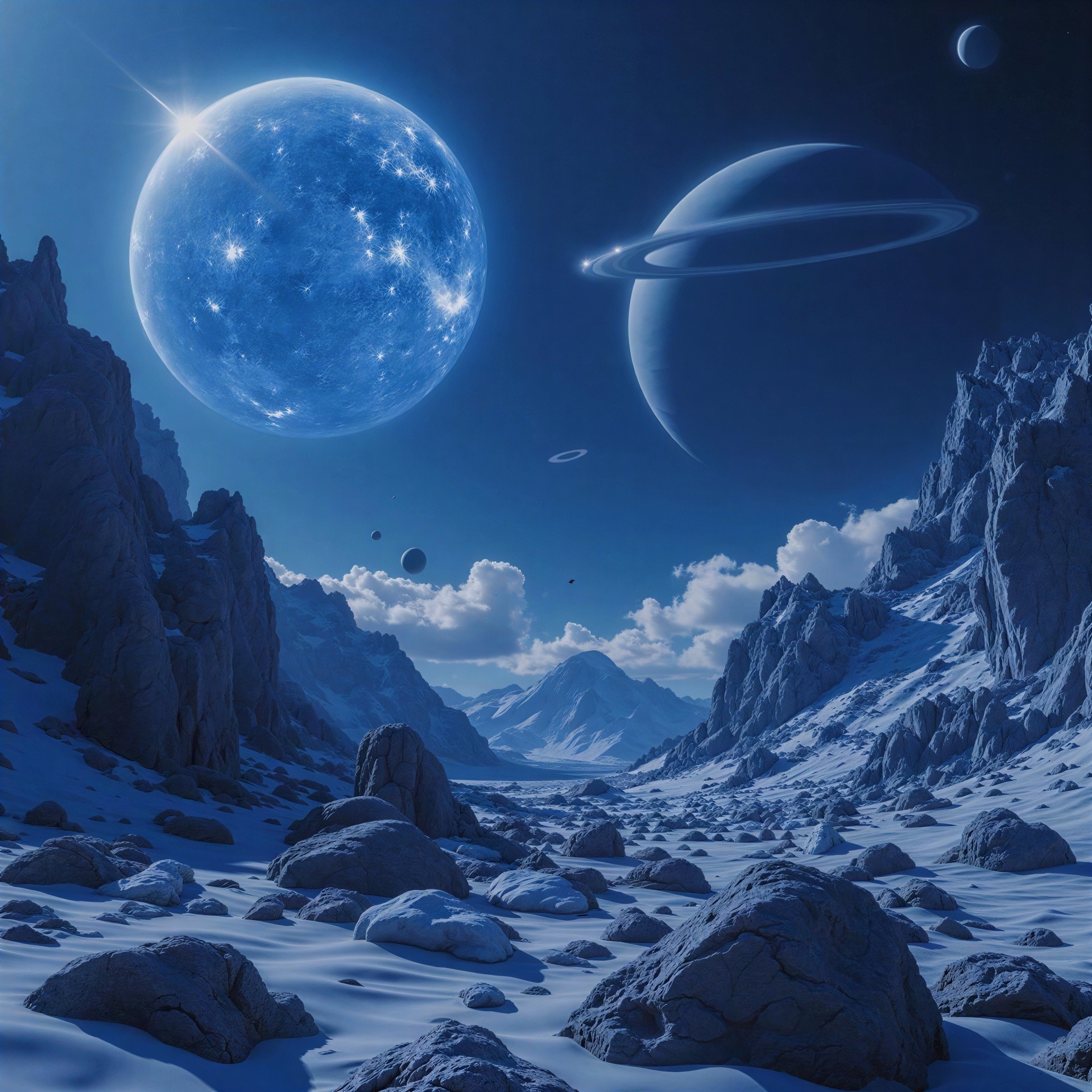 Fantasy Night Landscape with Planets and Snowy Valley