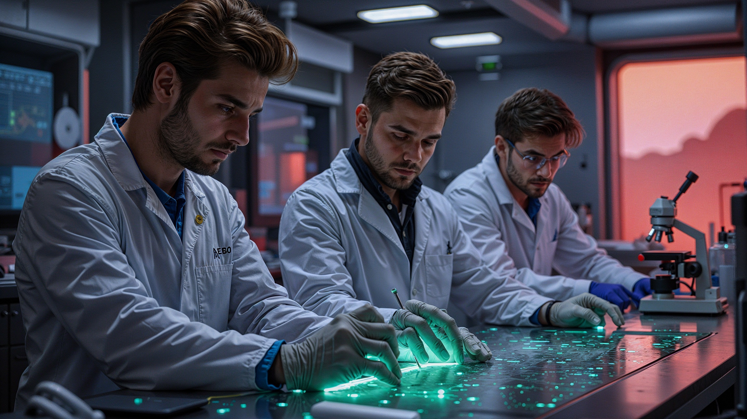 Scientists in Lab Coats at Futuristic Laboratory Table