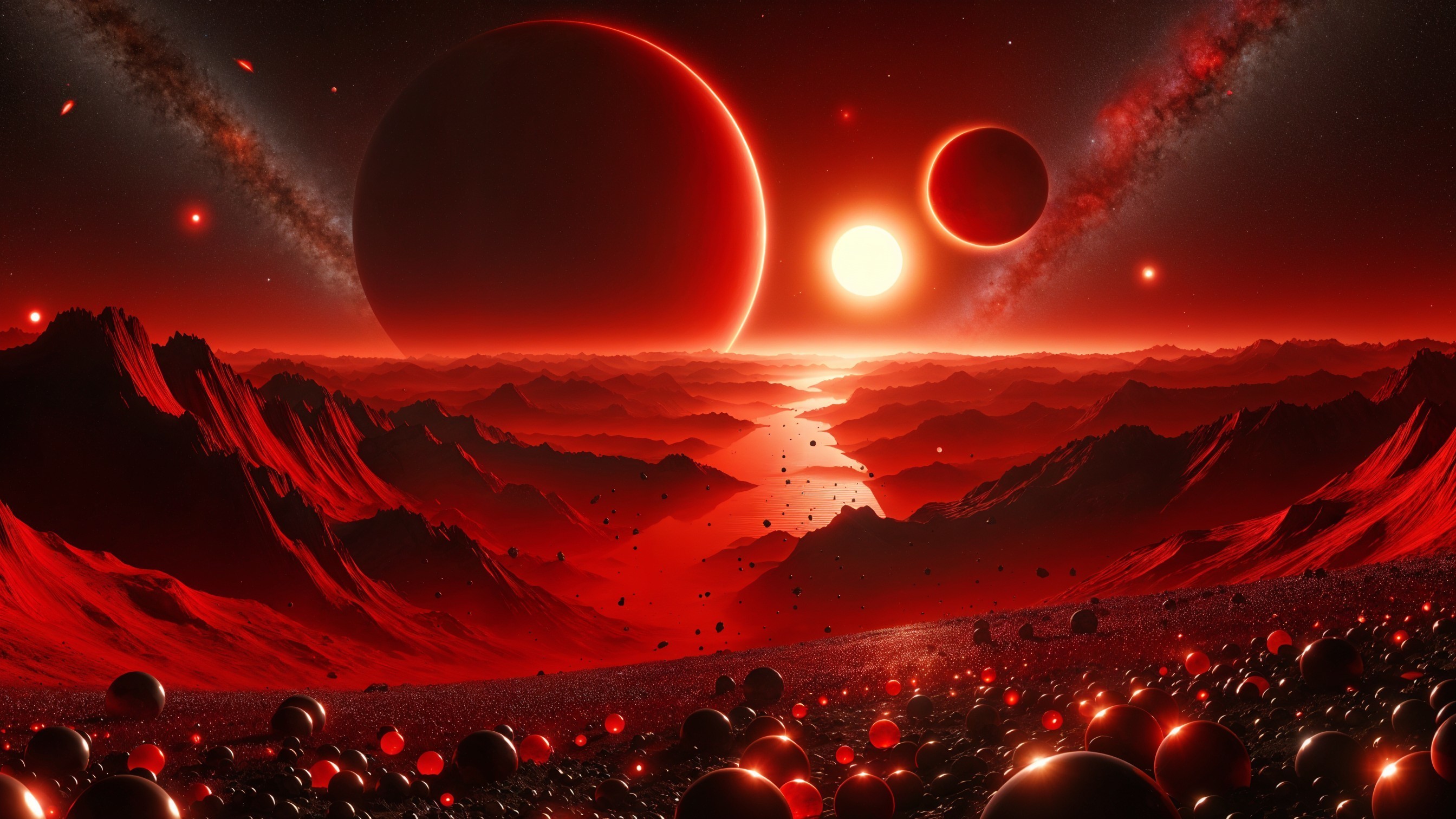 Surreal Alien Landscape with Red Hues and Cosmic Elements