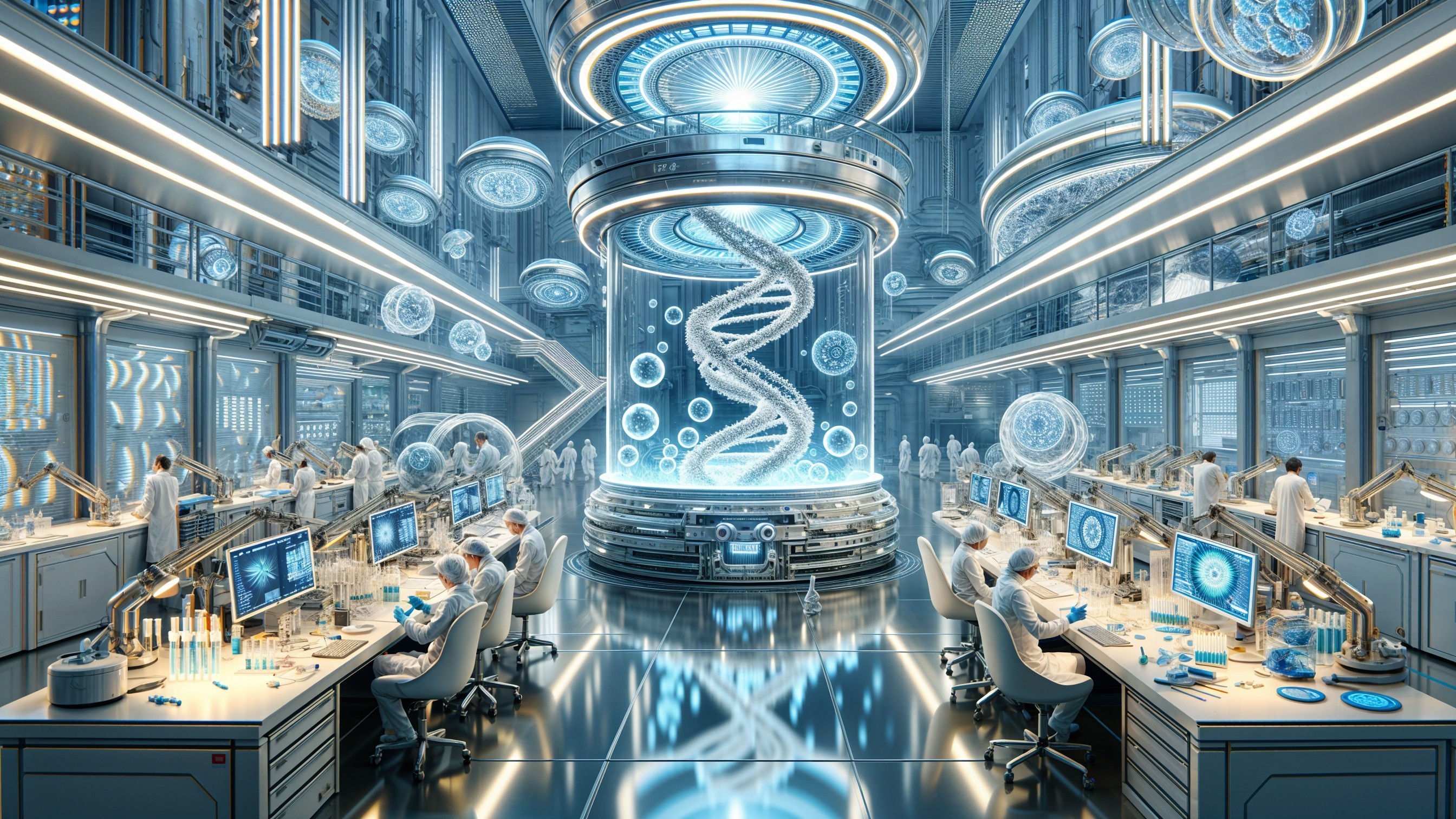 Futuristic laboratory with advanced technology and DNA models
