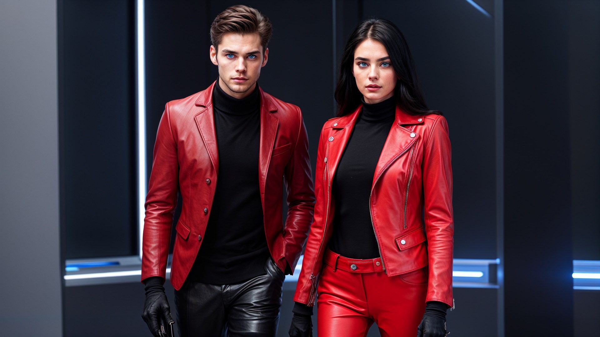 Stylish Duo in Red Leather Jackets Against Modern Backdrop