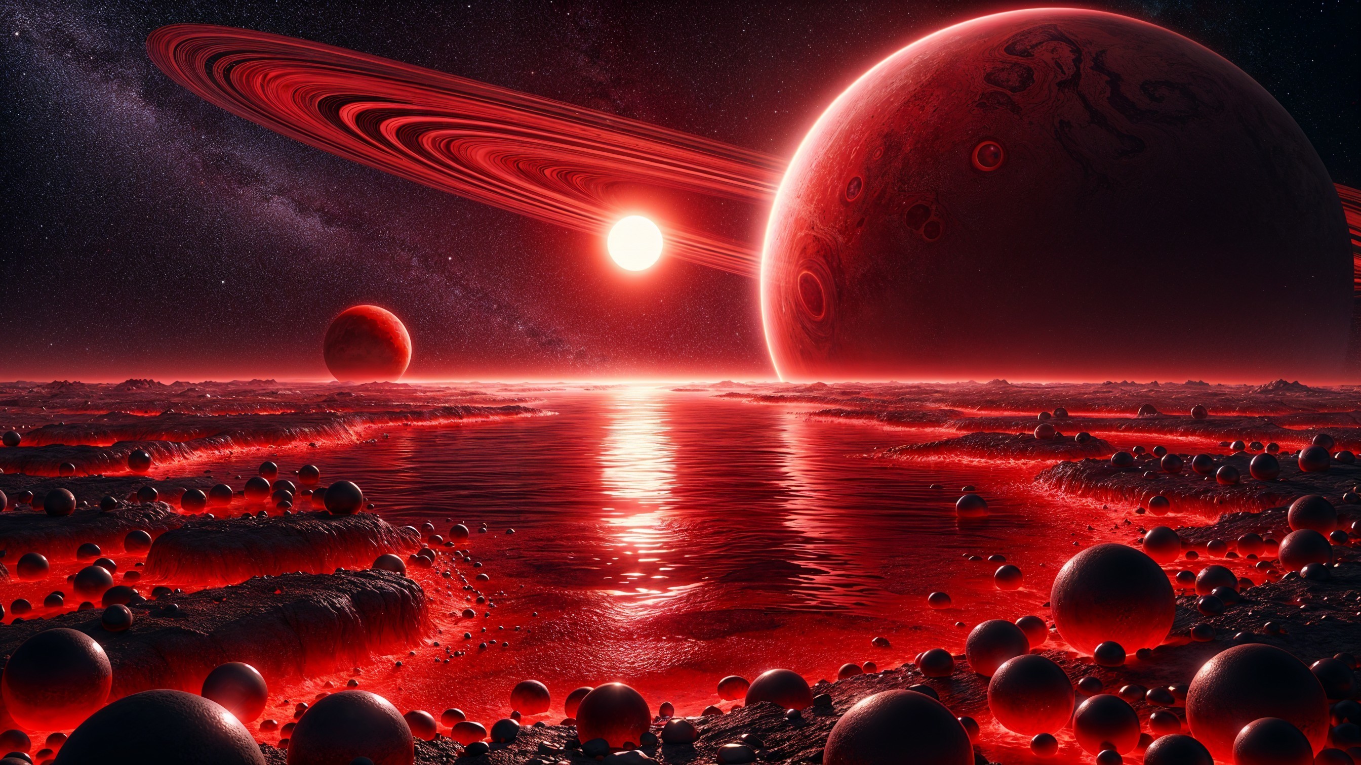 Surreal Alien Landscape with Red Water and Planets