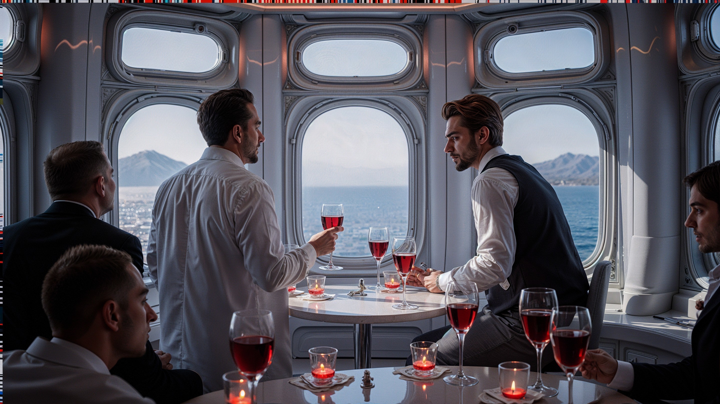 Elegant Lounge Gathering with Sea View and Candlelight