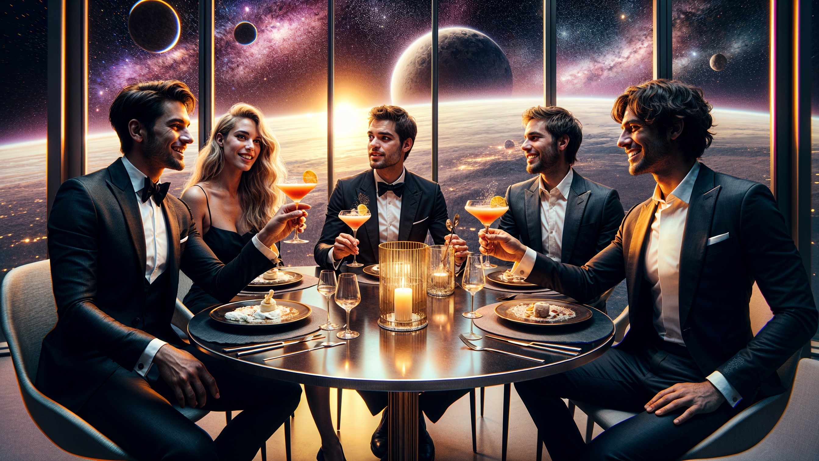 Elegant Dinner Party with Cosmic View and Celebration