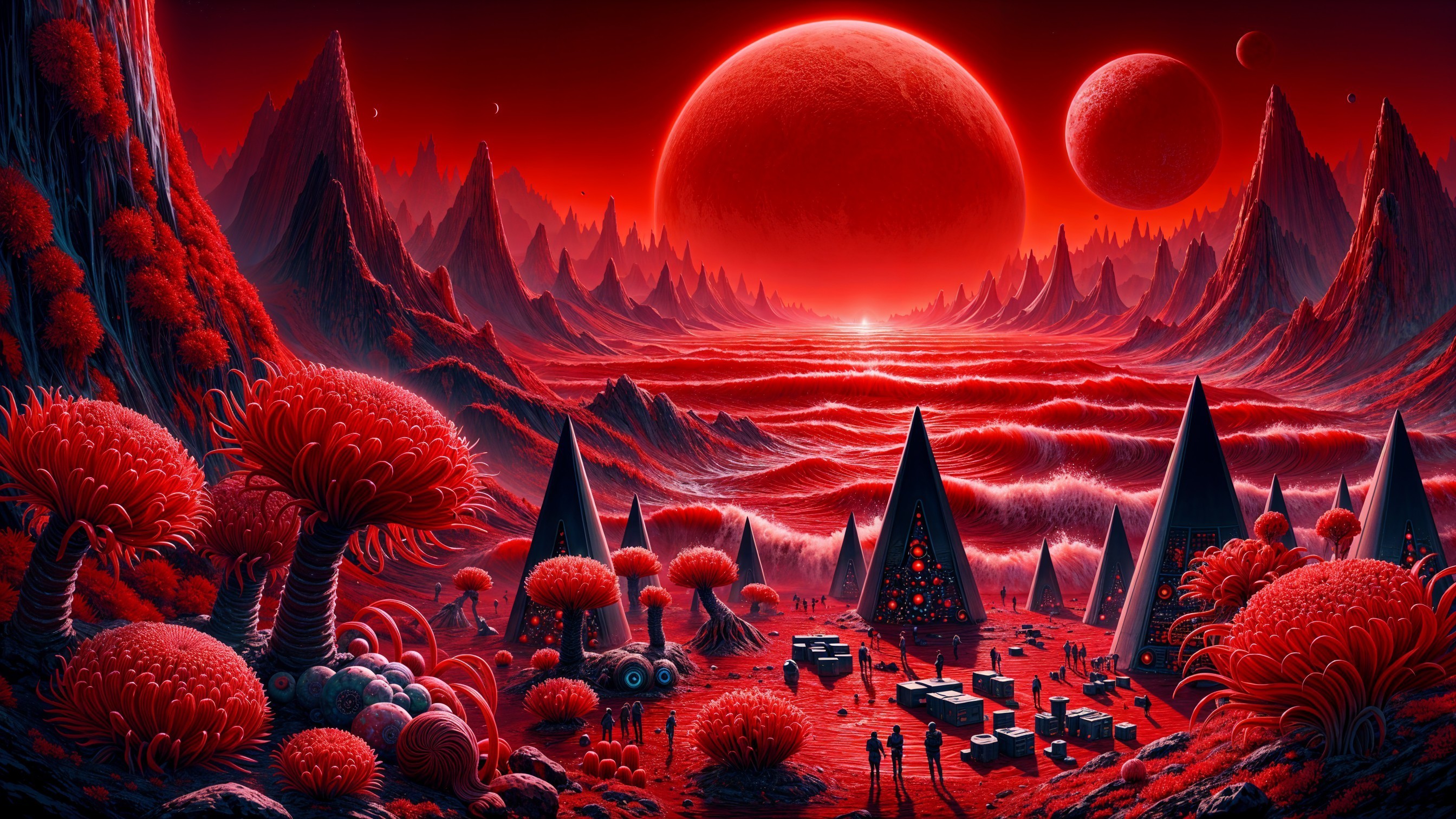 Surreal Landscape with Red Hues and Alien Flora