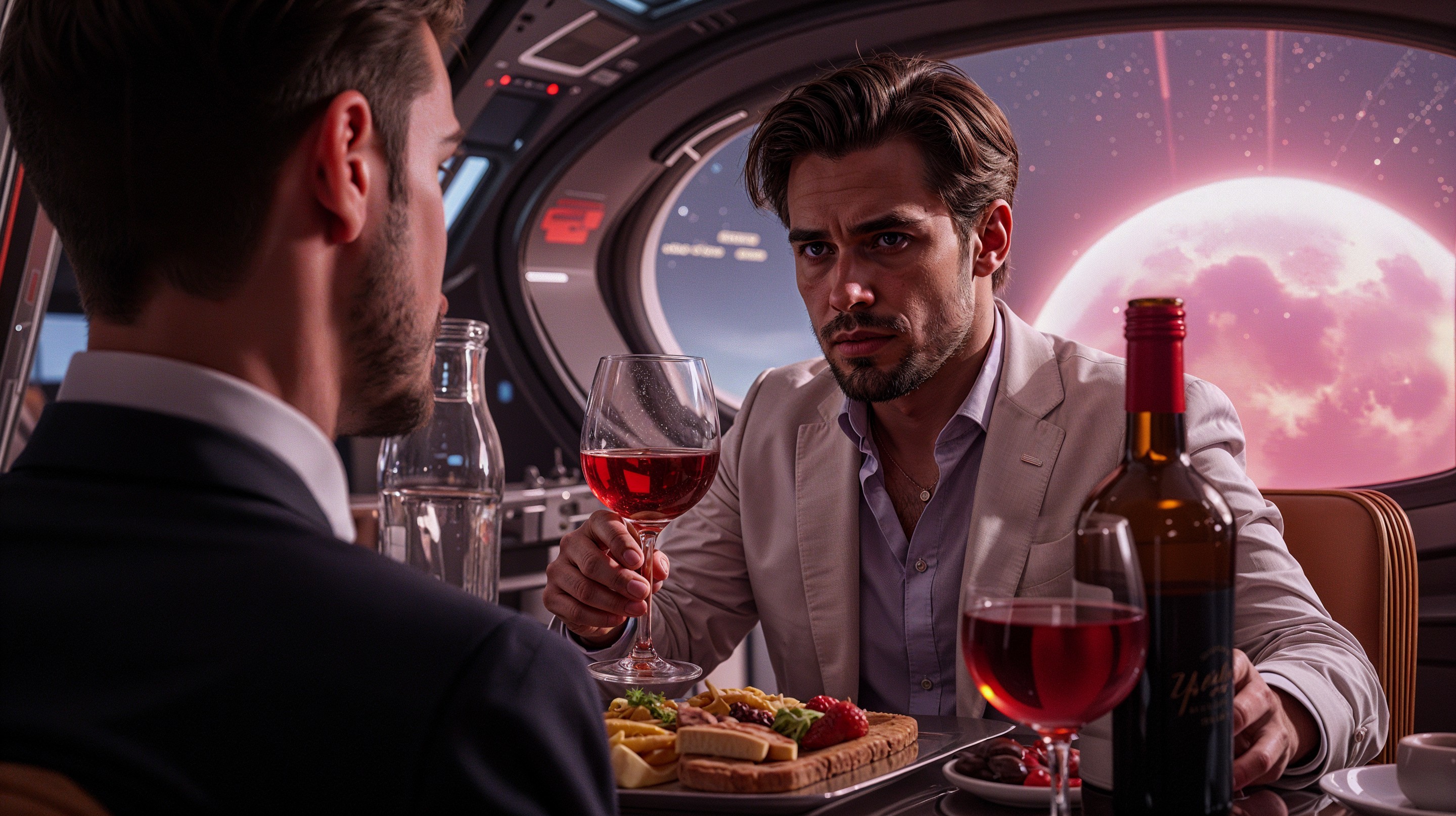 Elegant Dinner on a Spaceship with Moonlit View