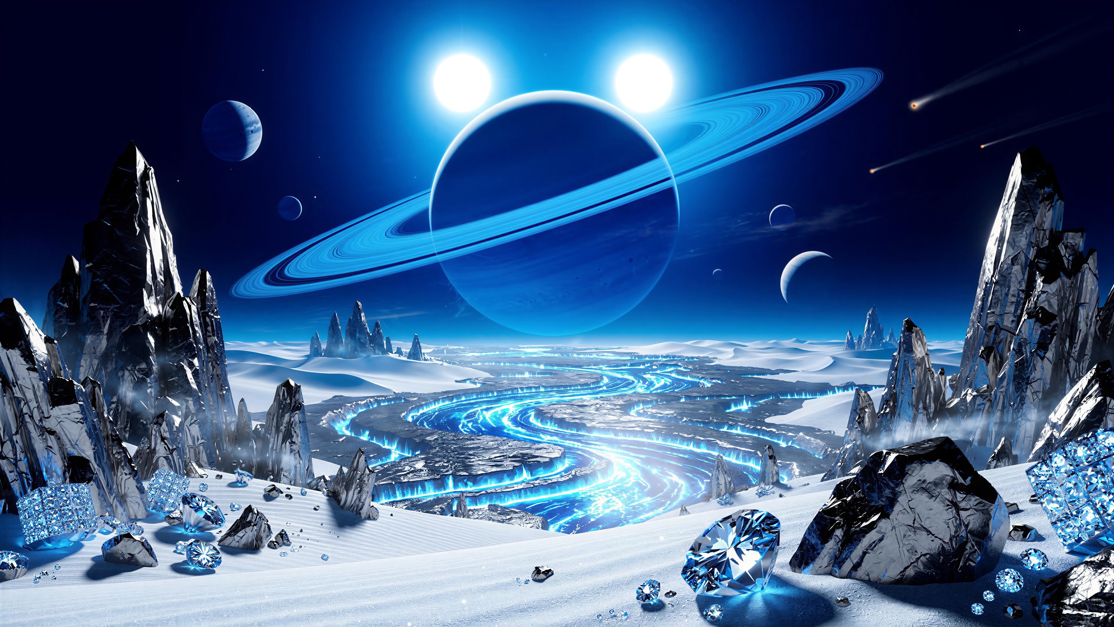 Cosmic Landscape with Snowy Terrain and Glowing River