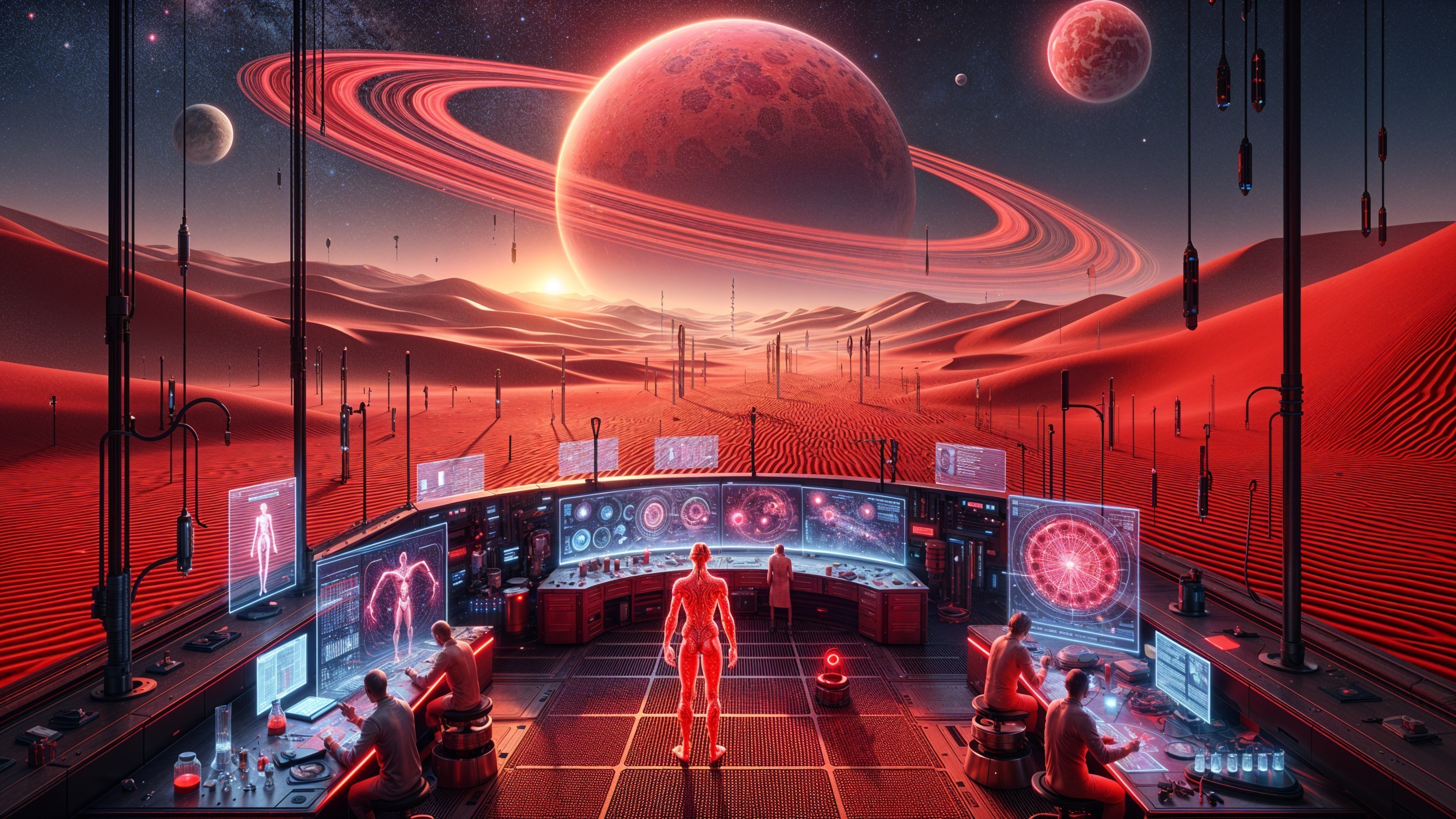 Futuristic Control Room Overlooking Alien Desert Landscape