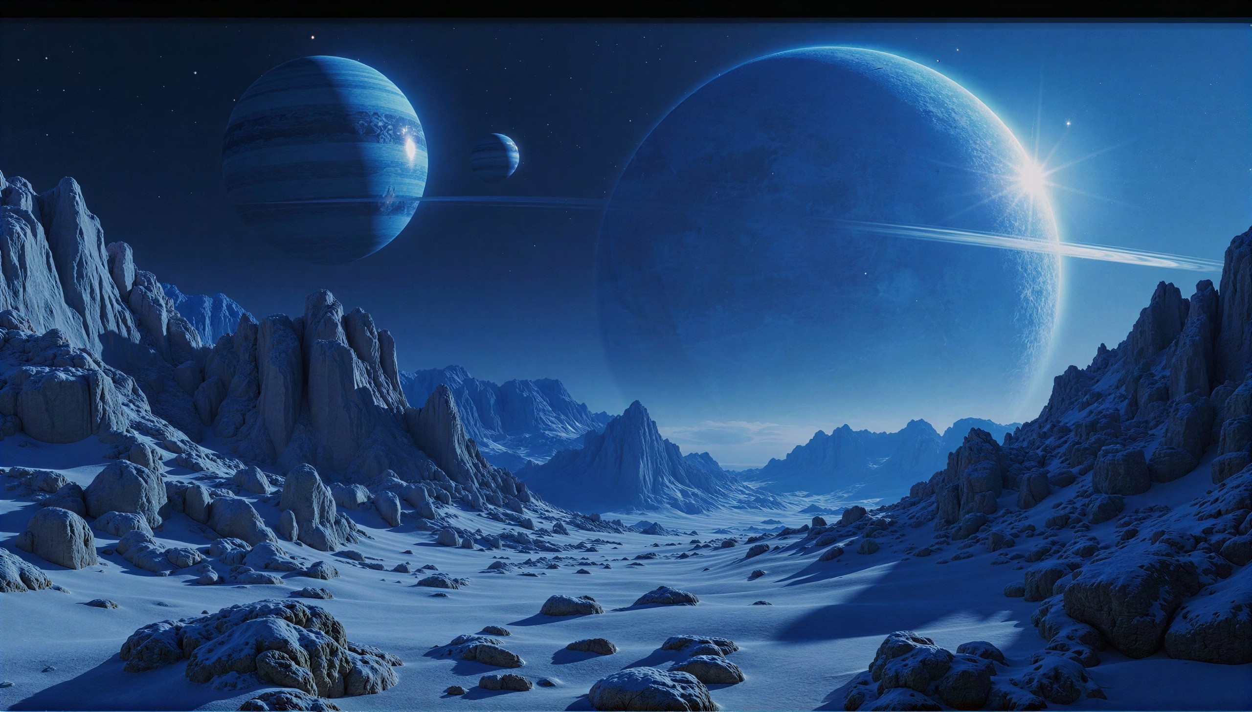 Alien Exoplanet Landscape in Twilight with Snow and Ice