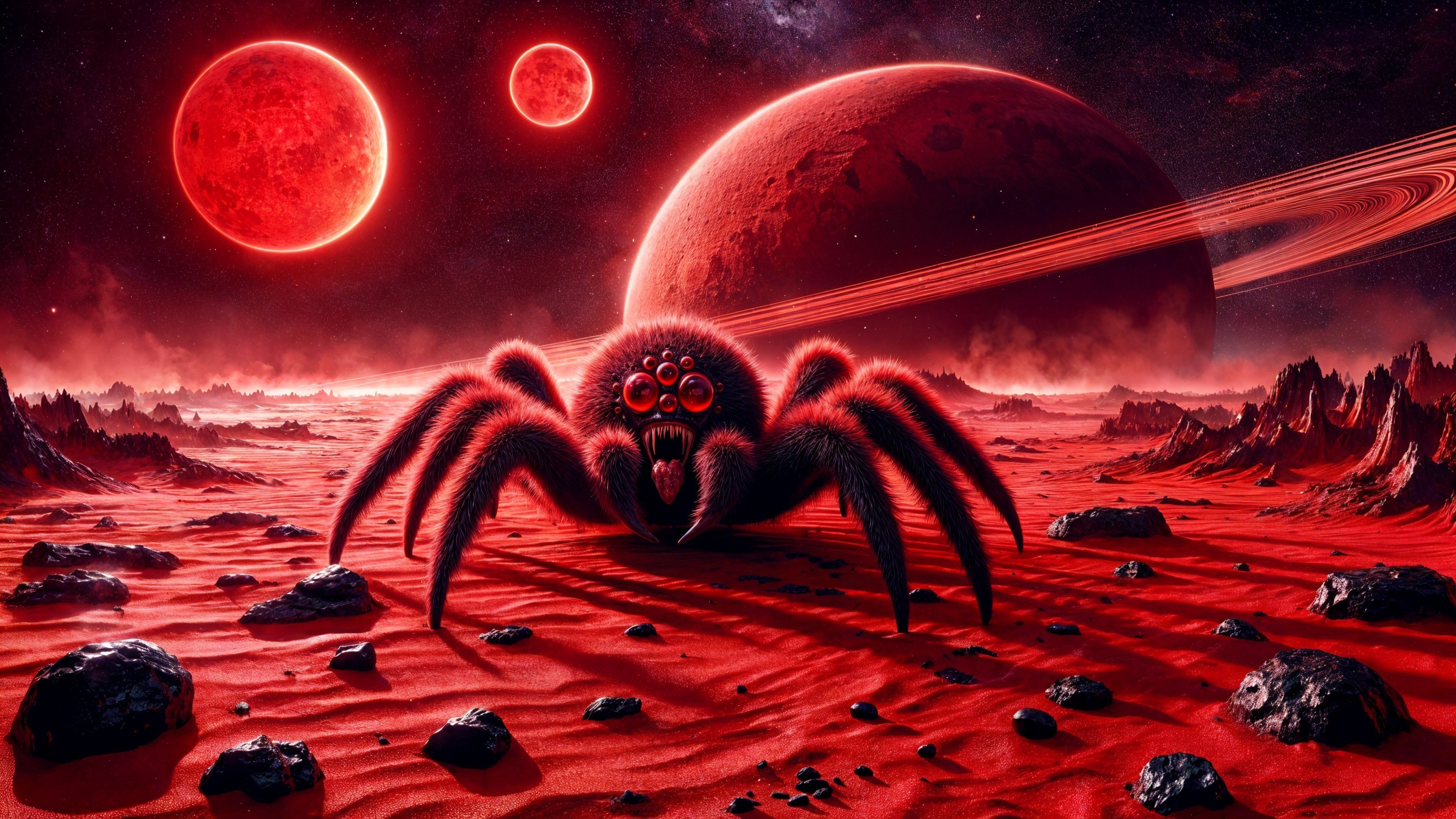 Surreal Landscape with Giant Spider Creature and Planets