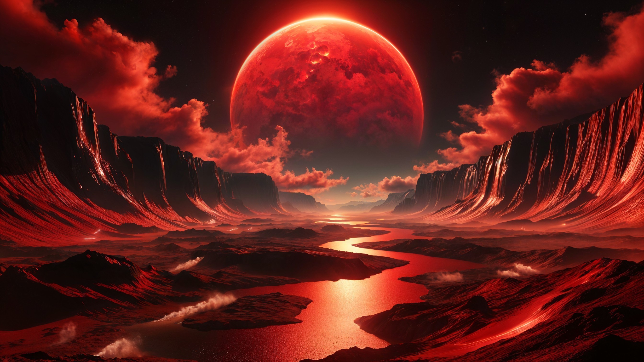Dramatic Landscape with Red Cliffs and Fiery Moon