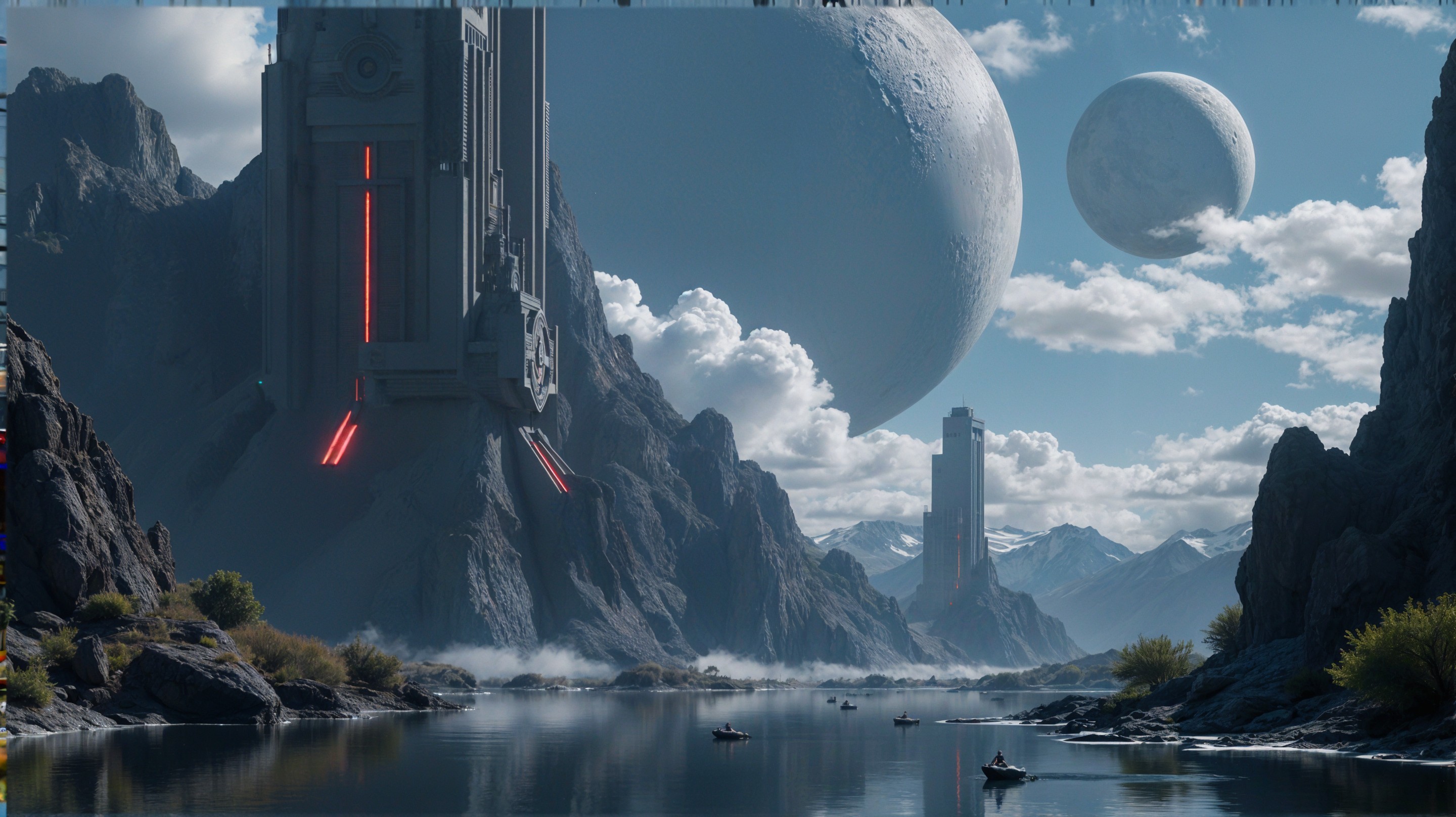 Surreal Landscape with Futuristic Structures and Moons