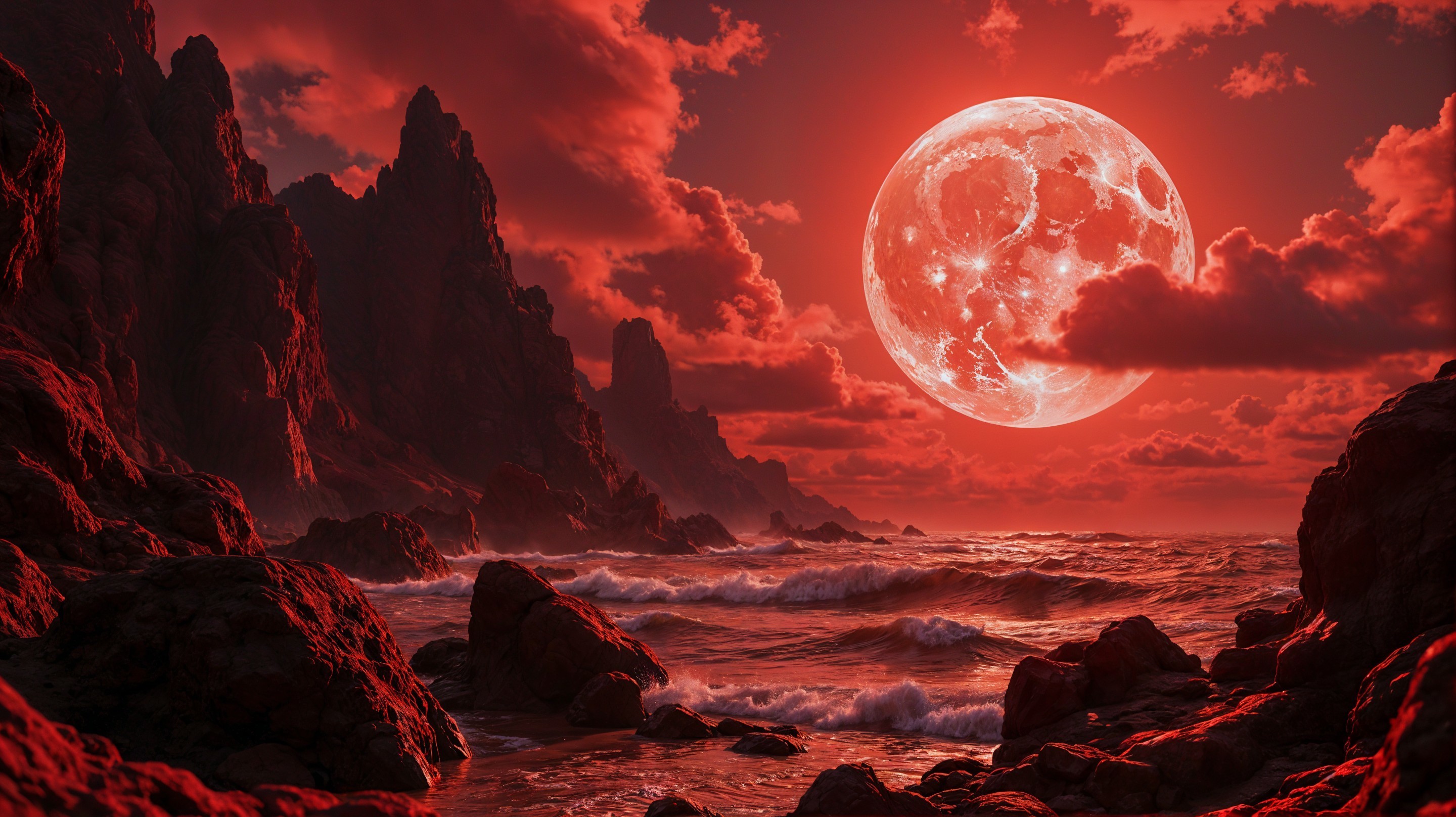 Dramatic Landscape with Dark Cliffs and Red Sky